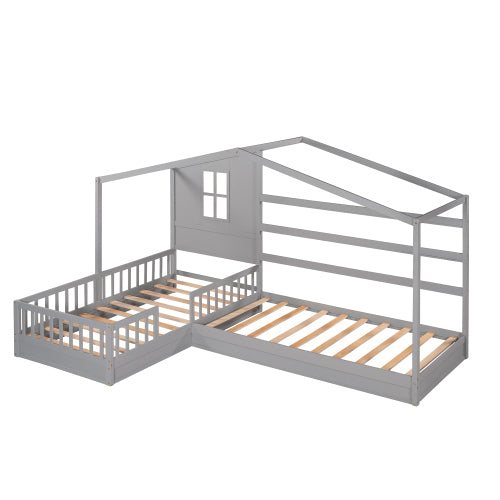 Wood House Bed Twin Size, 2 Twin Solid Bed L Structure With Fence And Slatted Frame, Gray Twin Gray Plywood