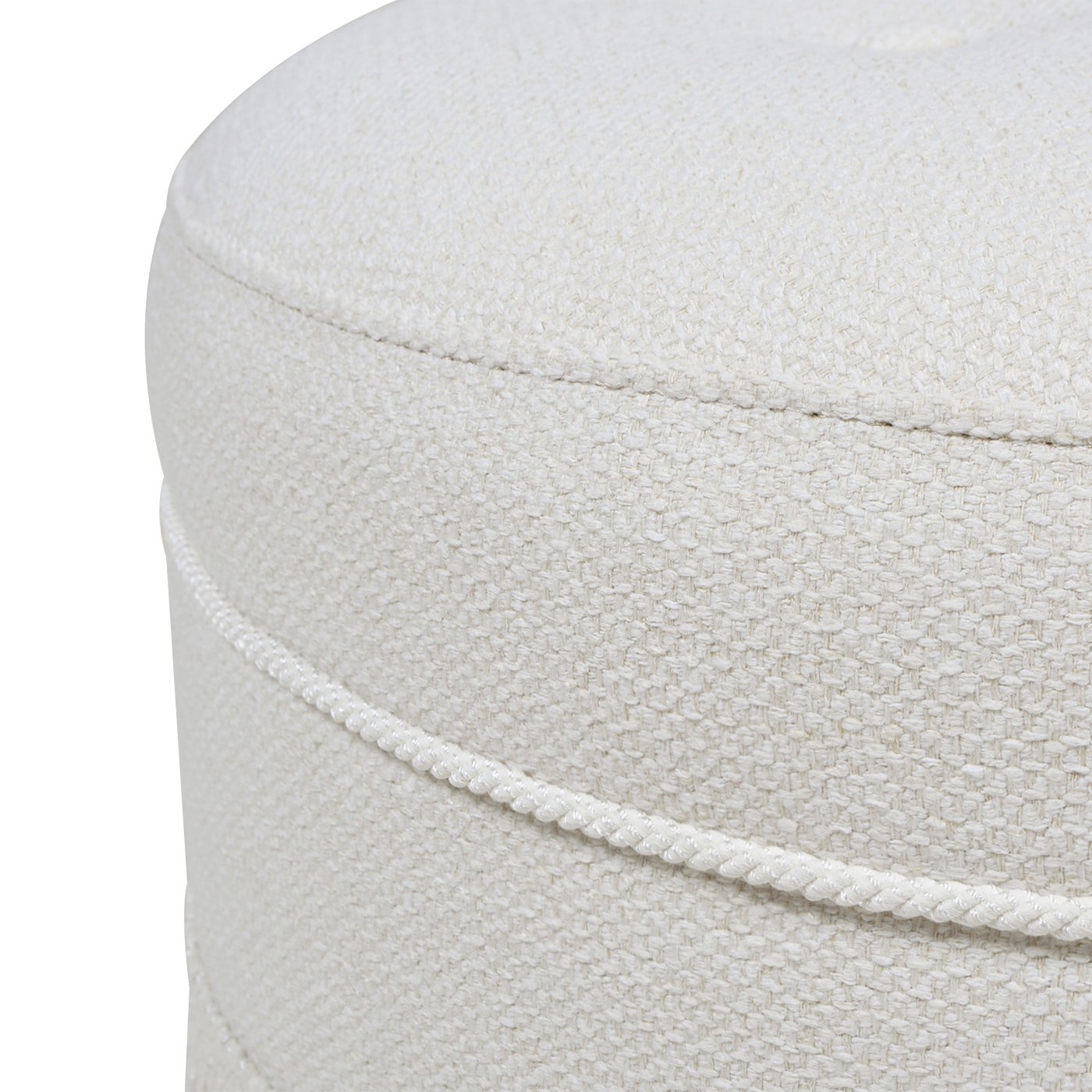 Yolanda 24" Round Upholstered Accent Ottoman, Alabaster Off White Tweed White Foam Fabric