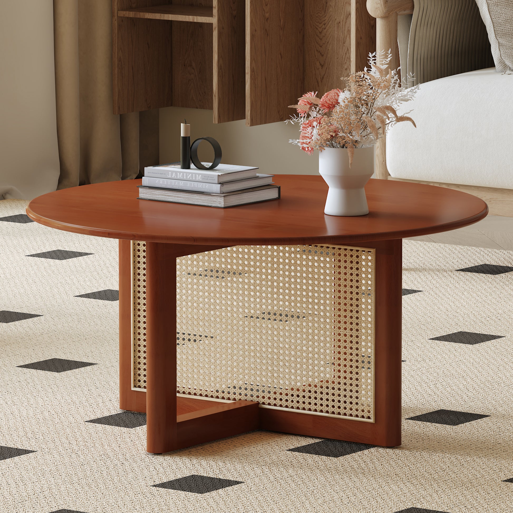 A Natural And Elegant Deep Red Wooden Coffee Table With Artificial Rattan Decorations, Perfect For A Fashionable Living Room And Comfortable Tea Drinking Time Red Wood