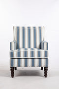Upholstered Accent Chair, Vintage Armchair With Blue And White Striped Linen Fabric And Trim For Living Room Blue Cotton