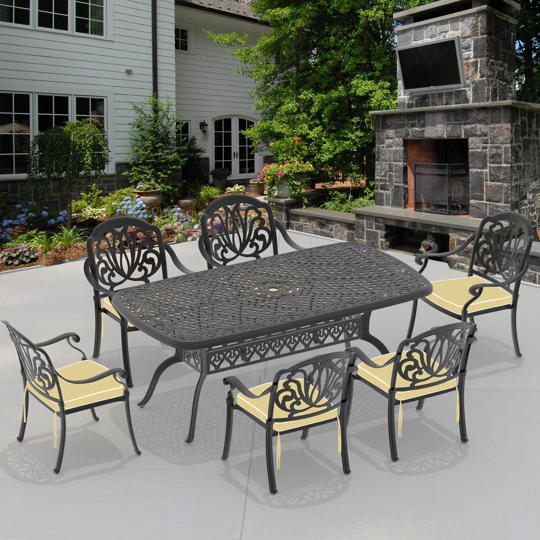 Cushions In Random Colors 7 Piece Set Of Cast Aluminum Patio Furniture With Cushions Yes Dining Set Off White Black Seats 6 Rust Resistant Frame Water Resistant Cushion Garden & Outdoor Complete Patio Sets Aluminium
