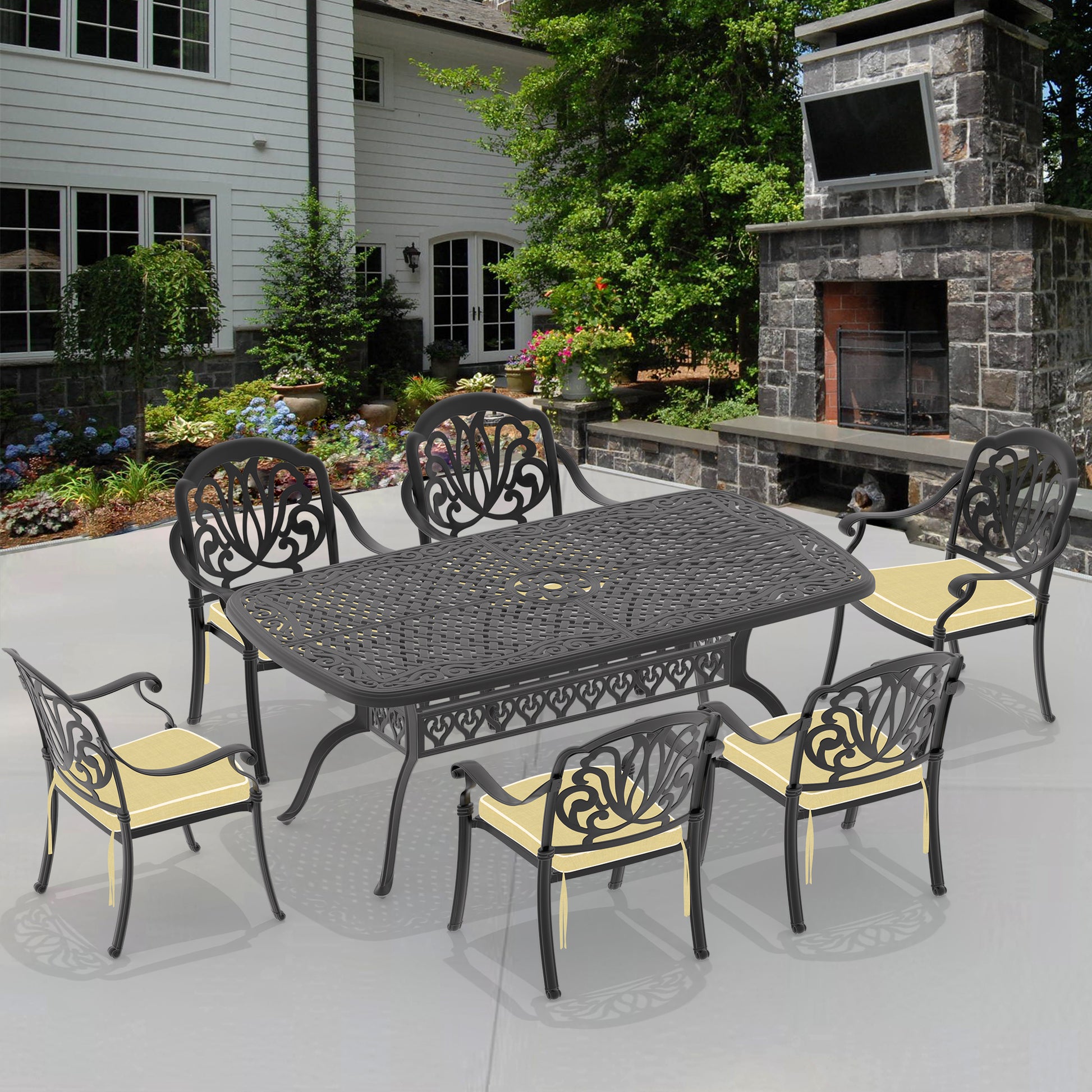 Cushions In Random Colors 7 Piece Set Of Cast Aluminum Patio Furniture With Cushions Yes Dining Set Off White Black Seats 6 Rust Resistant Frame Water Resistant Cushion Garden & Outdoor Complete Patio Sets Aluminium