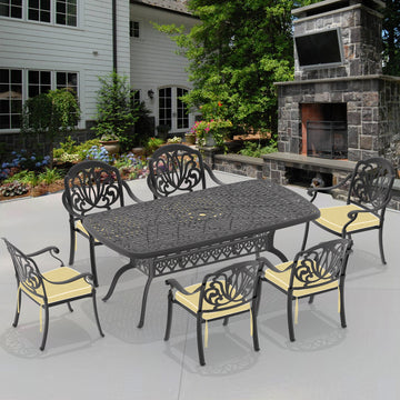 Cushions In Random Colors 7 Piece Set Of Cast Aluminum Patio Furniture With Cushions Yes Dining Set Off White Black Seats 6 Rust Resistant Frame Water Resistant Cushion Garden & Outdoor Complete Patio Sets Aluminium