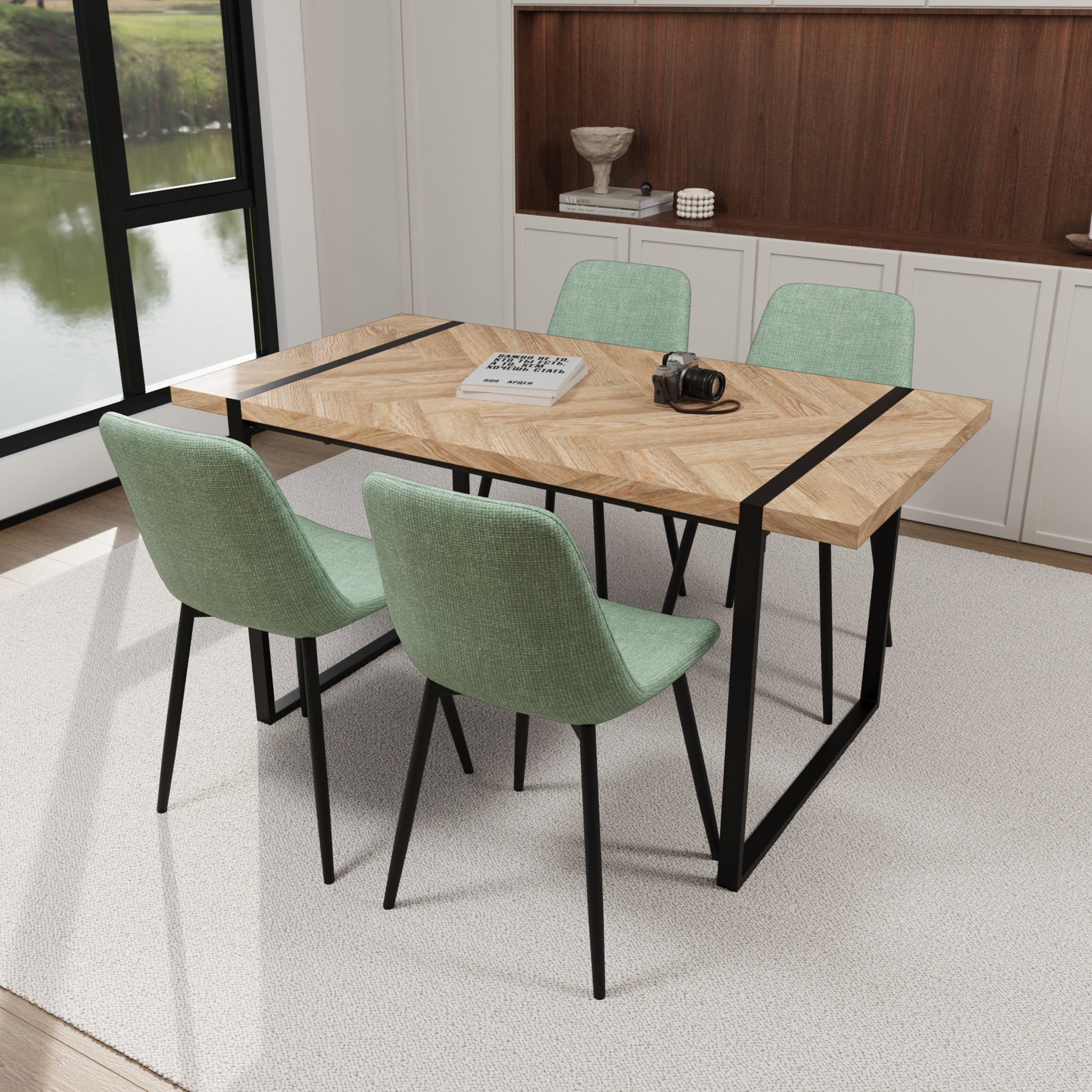 Mdf Light Wood Dining Table And Modern Dining Chair 4 Piece Set, Medieval Wooden Kitchen Dining Table Set, Rectangular Metal Base, Dining Table And Suede Chair Brown Green Mdf