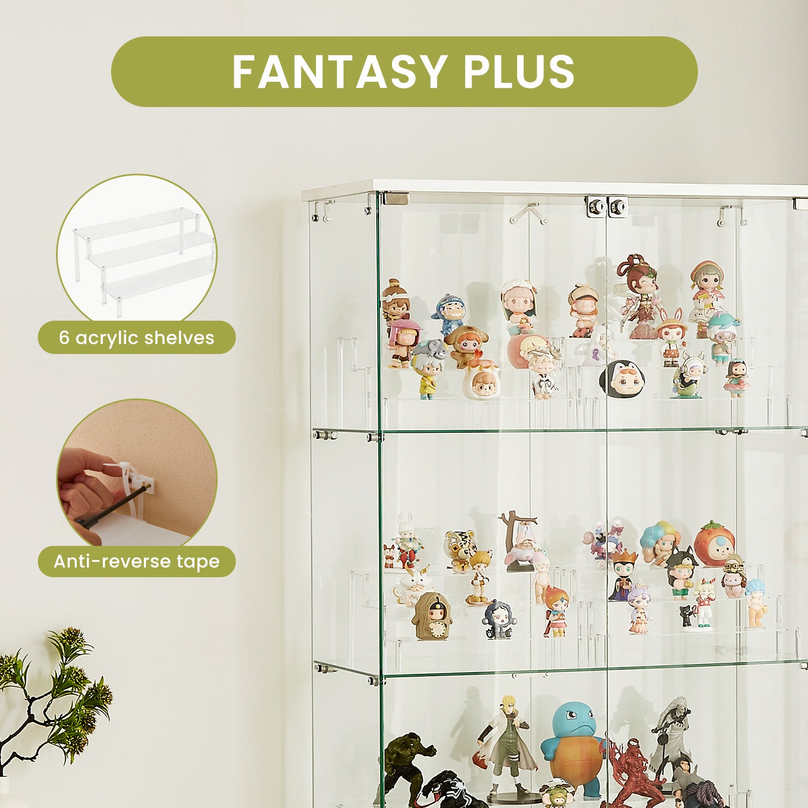 4 Tier Glass Display Cabinet, Double Door Glass Cabinet With Two Locks, Floor Standing Storage Cabinet With 6 Acrylic Shelves For Living Room, Bedroom And Office, White, 31.5"L X 14.2"W X 65.1"H