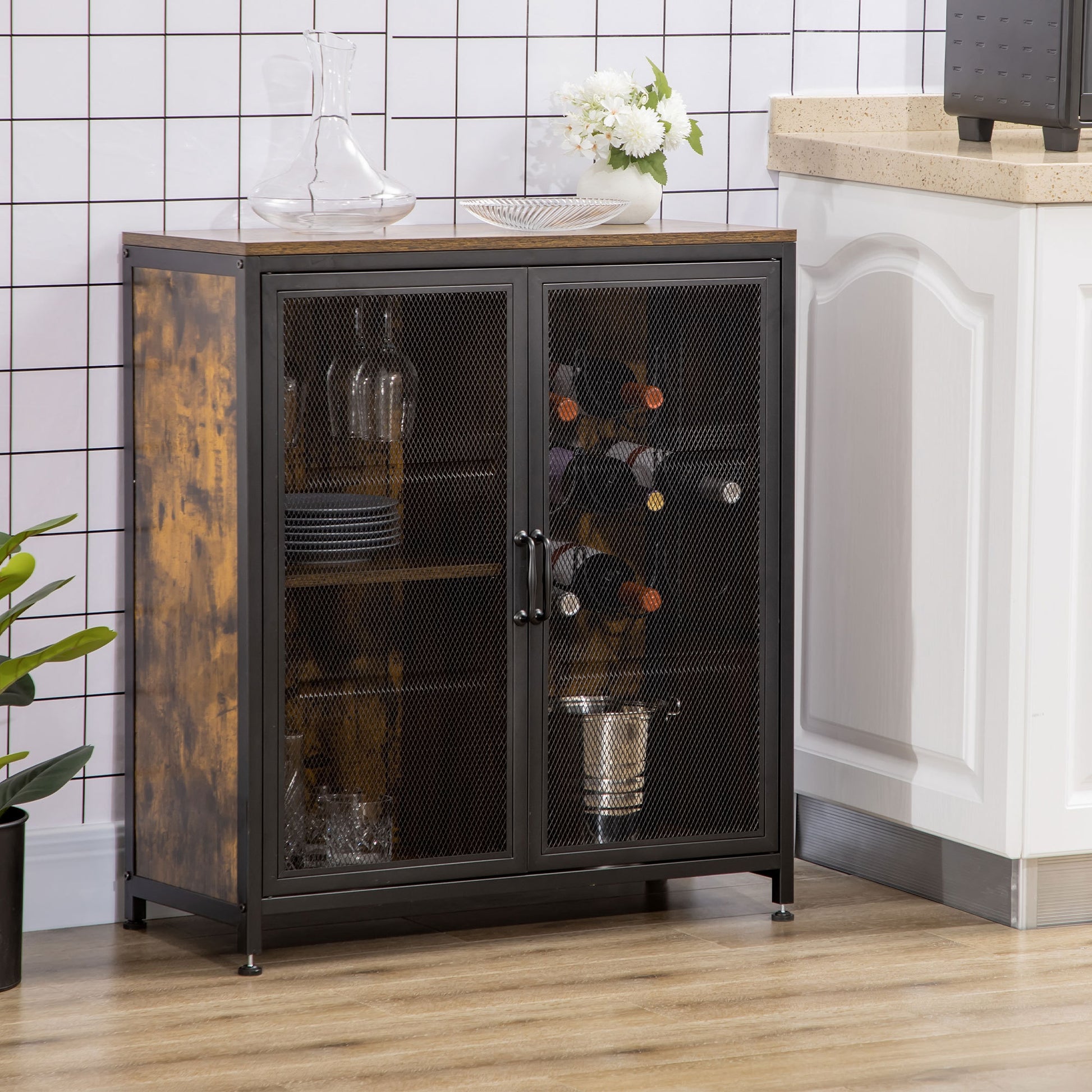 Homcom Industrial Wine Cabinet With 9 Bottle Wine Rack, Retro Liquor Cabinet With Glass Holders, Mesh Doors, And Storage Shelf For Home Bar, Dining Room, Rustic Brown Rustic Brown Particle Board