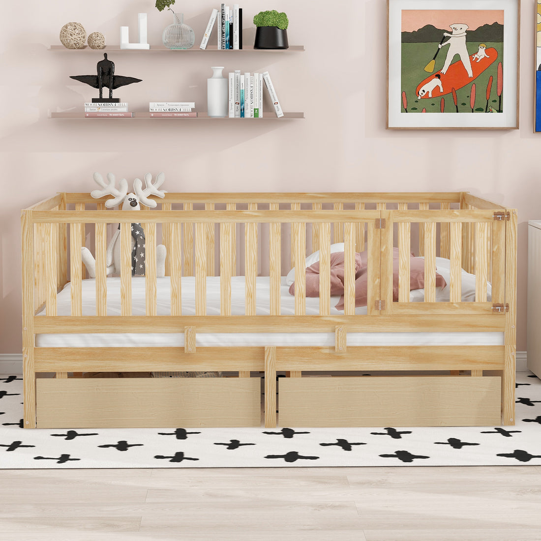 Full Size Wood Daybed With Fence Guardrails And 2 Drawers, Split Into Independent Floor Bed & Daybed, Natural Old Sku :Lp000882Aan Full Natural Solid Wood Mdf