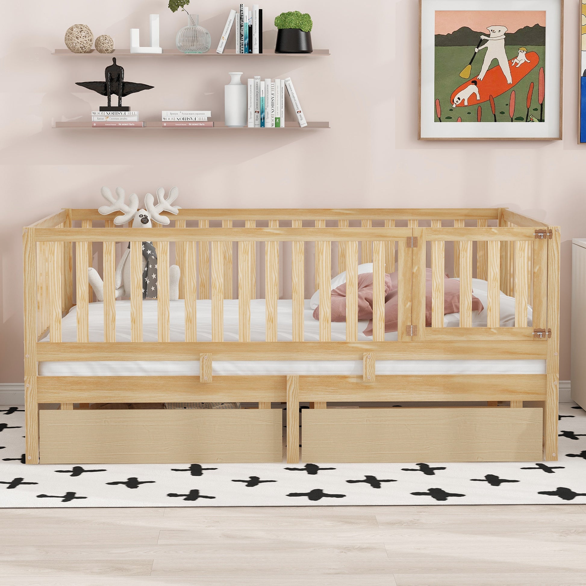 Full Size Wood Daybed With Fence Guardrails And 2 Drawers, Split Into Independent Floor Bed & Daybed, Natural Old Sku :Lp000882Aan Full Natural Solid Wood Mdf