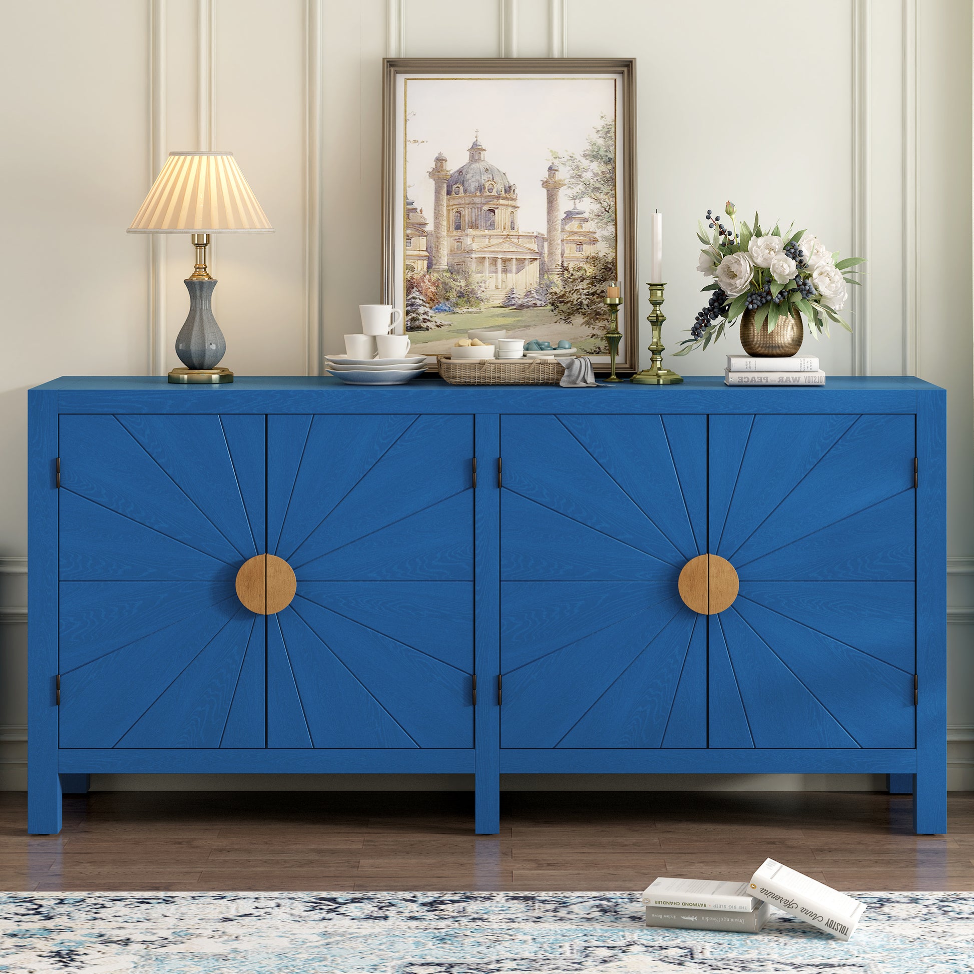 Unique Features Of Ash Veneer Cabinet With Radiating Line Pattern Cabinet Doors, Suitable For Living Rooms, Corridors, And Study Rooms. Navy Blue Mdf