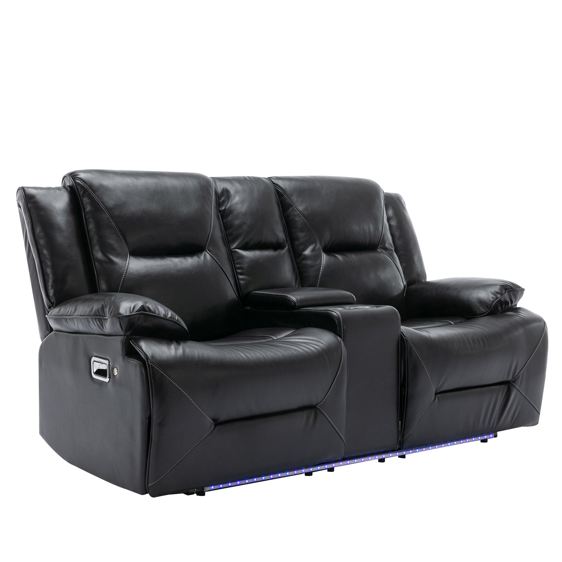 2 Seater Home Theater Recliner Manual Recliner Chair With A Led Light Strip Two Cup Holders And A Storage Box For Living Room,Bedroom, Black Black Foam Pu