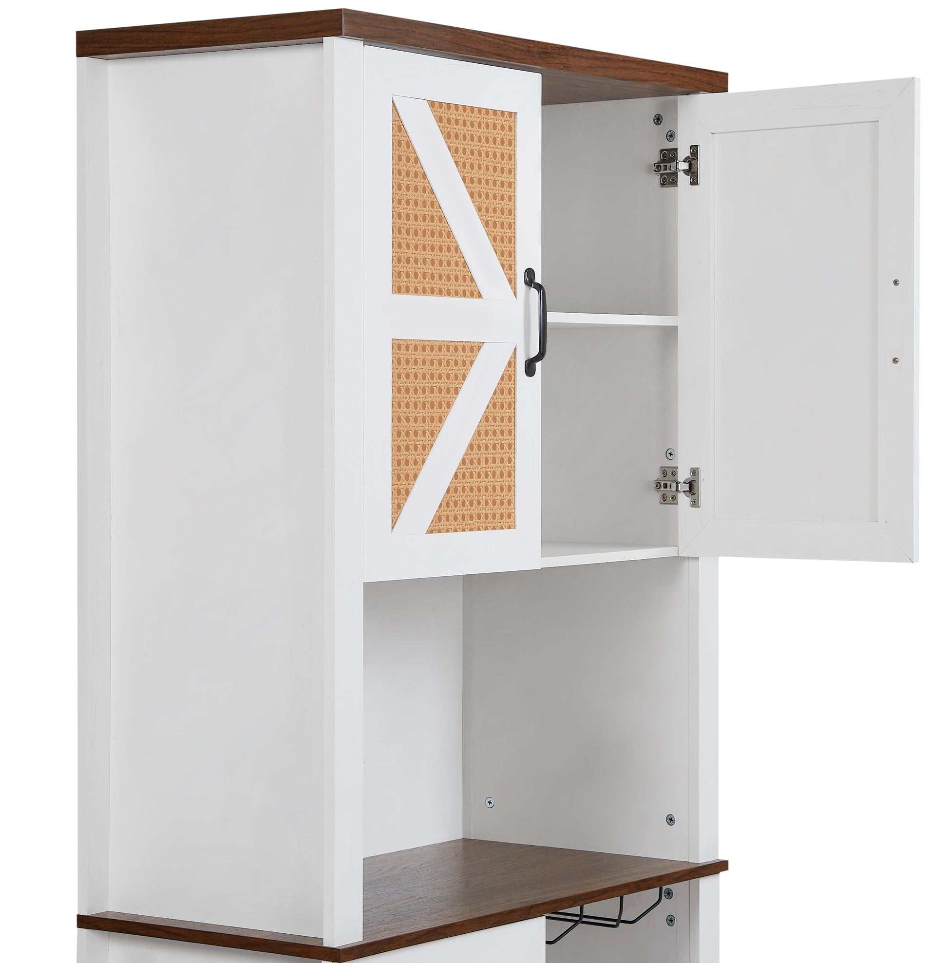 76 Inch Tall Farmhouse Kitchen Faux Rattan Wine Cabinet, Kitchen Bar Cabinet With Square Compartments And Shelves, Large Wooden Faux Rattan Storage Cabinet With Barn Doors And Microwave Shelves White Walnut Particle Board Mdf