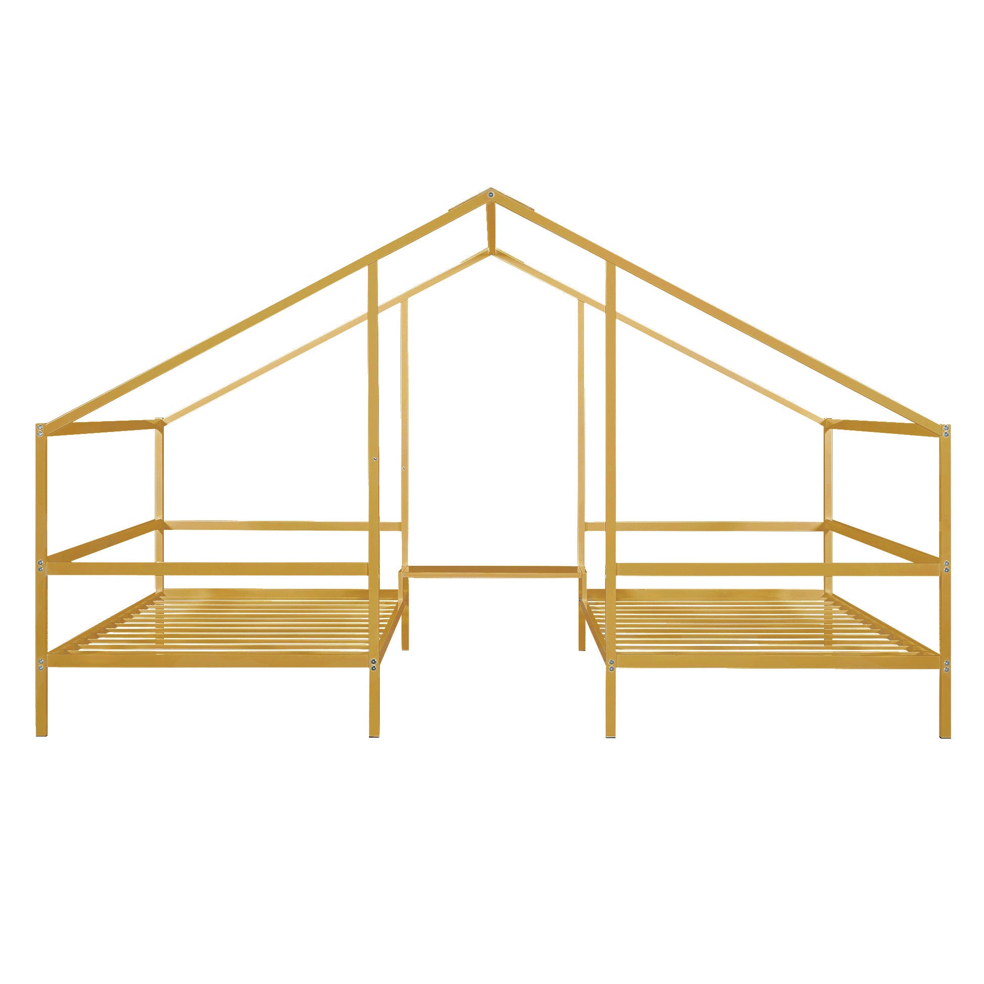 Metal Double Twin Size Triangular House Beds With Built In Table, Gold Box Spring Not Required Twin Gold Metal Metal