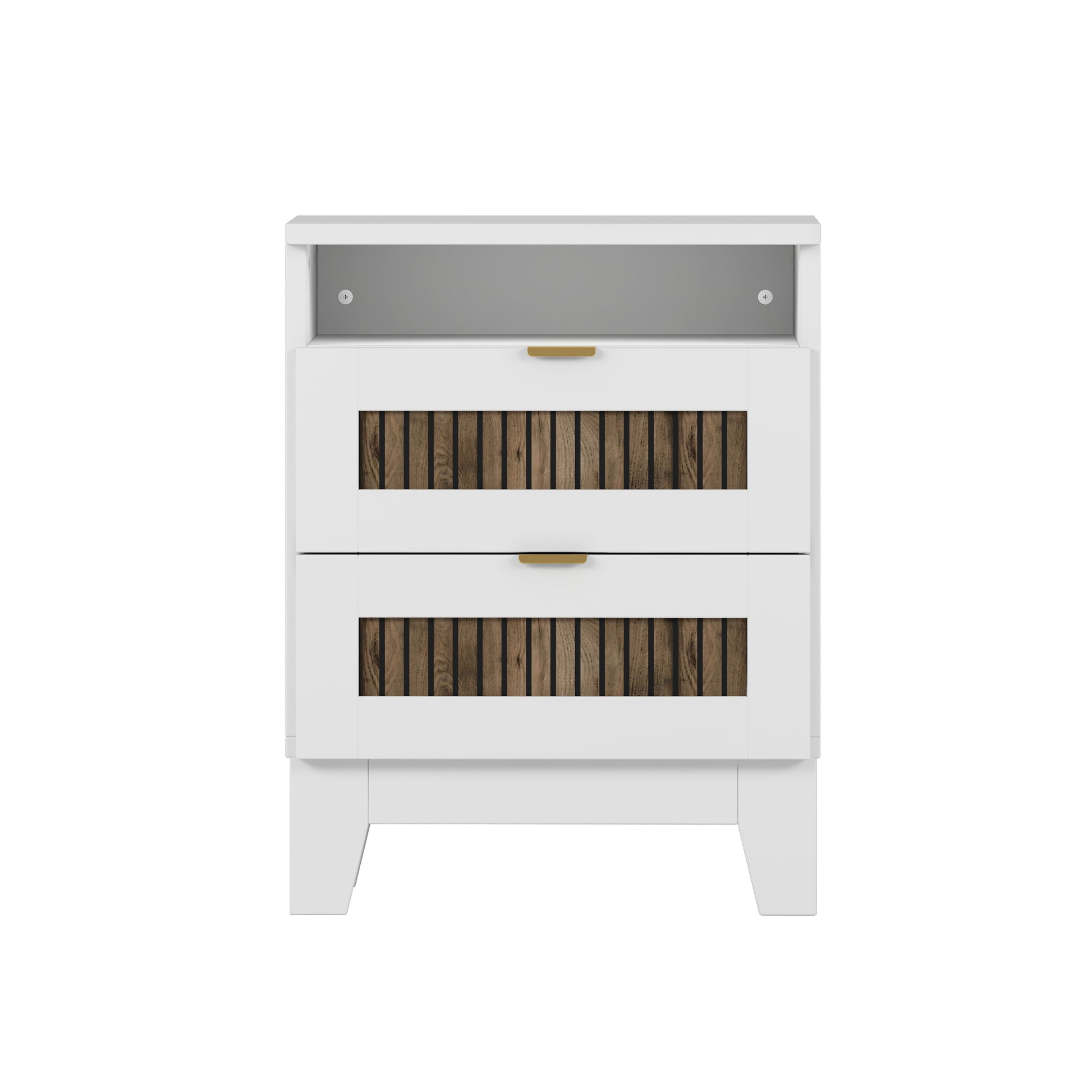 4 Pieces Bedroom Sets, Full Size Farmhouse Platform Bed With Wooden Strip Decoration, Storage Nightstand And Dresser With Metal Handle, White Full White 4 Piece Set Particle Board