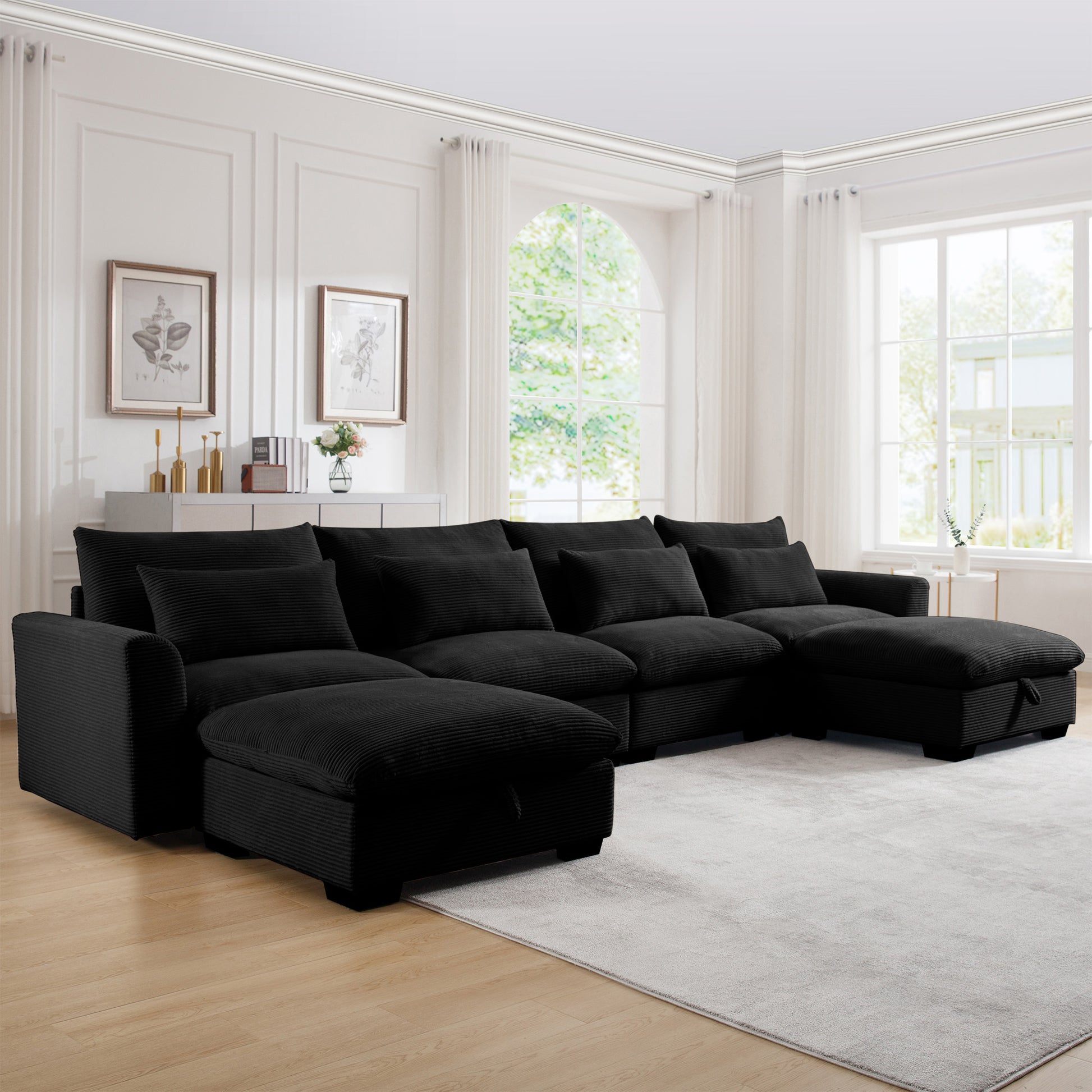 Big Deep Seat U Shaped Corduroy Sectional Couches For Living Room, 4 Seater Sofa Couch With 2 Storage Footstool And 4 Waist Pillows Corduroy, Black Black Corduroy 4 Seat