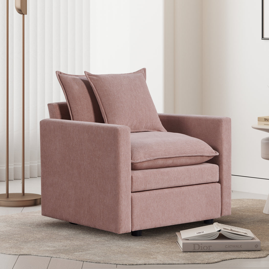 Chenille Fabric Comfy Deep Single Seat Sofa Upholstered Reading Armchair Living Room Pink Wood Foam Chenille 1 Seat