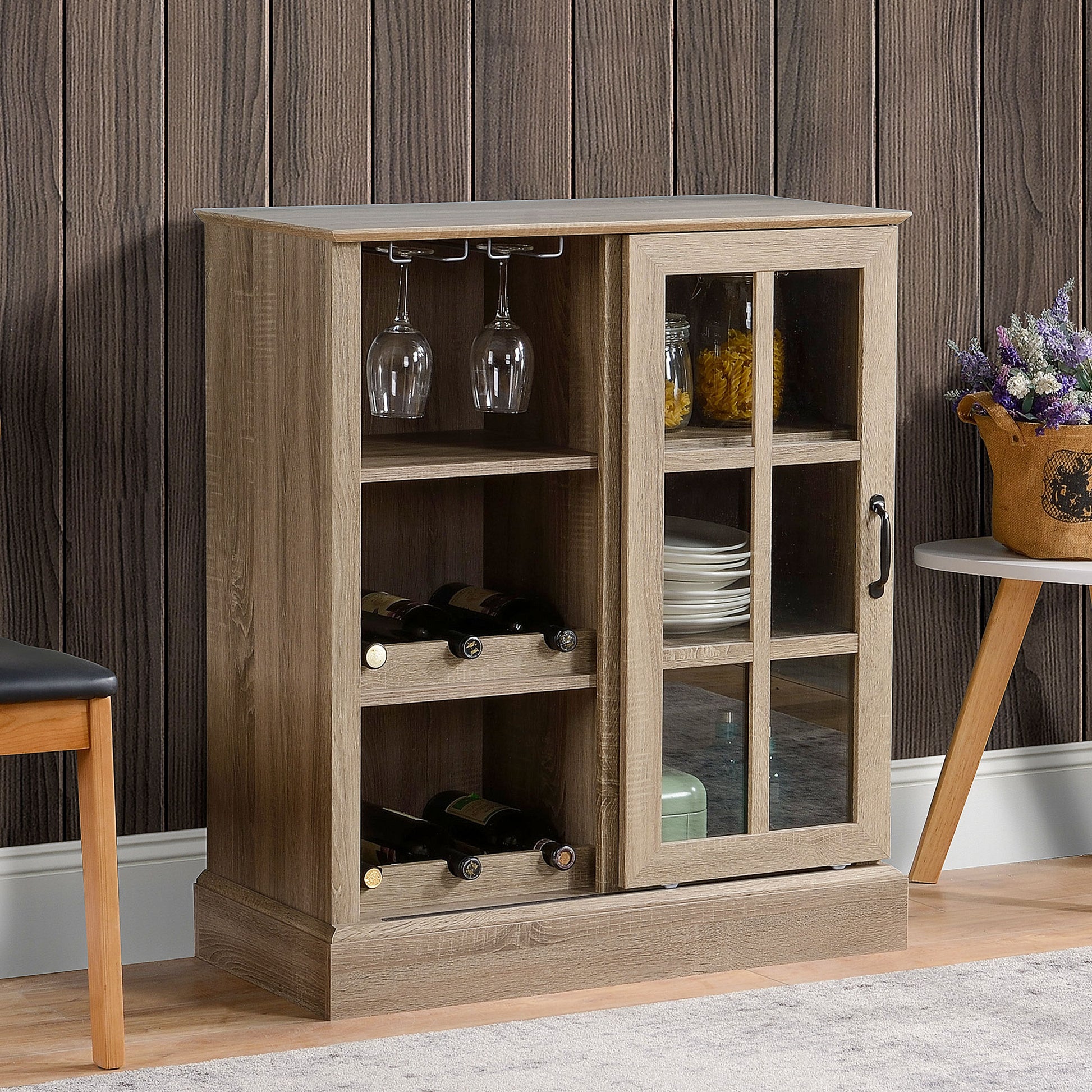 Homcom Wine Bar Cabinet, Small Sideboard Buffet Cabinet, Kitchen Storage Cabinet With 6 Bottle Wine Rack And Stemware Racks, Sliding Galss Door, Shelves Brown Mdf