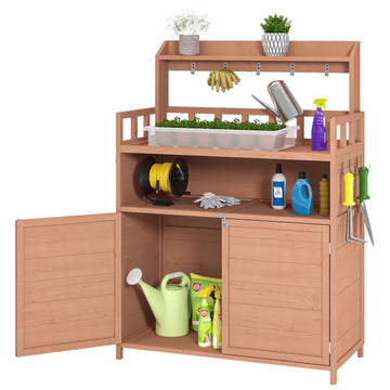 Potting Bench Outdoor Gardening Table For Outside Wood Garden Planting Workstation Work Benches With Large Storage Cabinet & Top Shelf For Patio Brown Weather Resistant Frame Garden & Outdoor Classic Wood