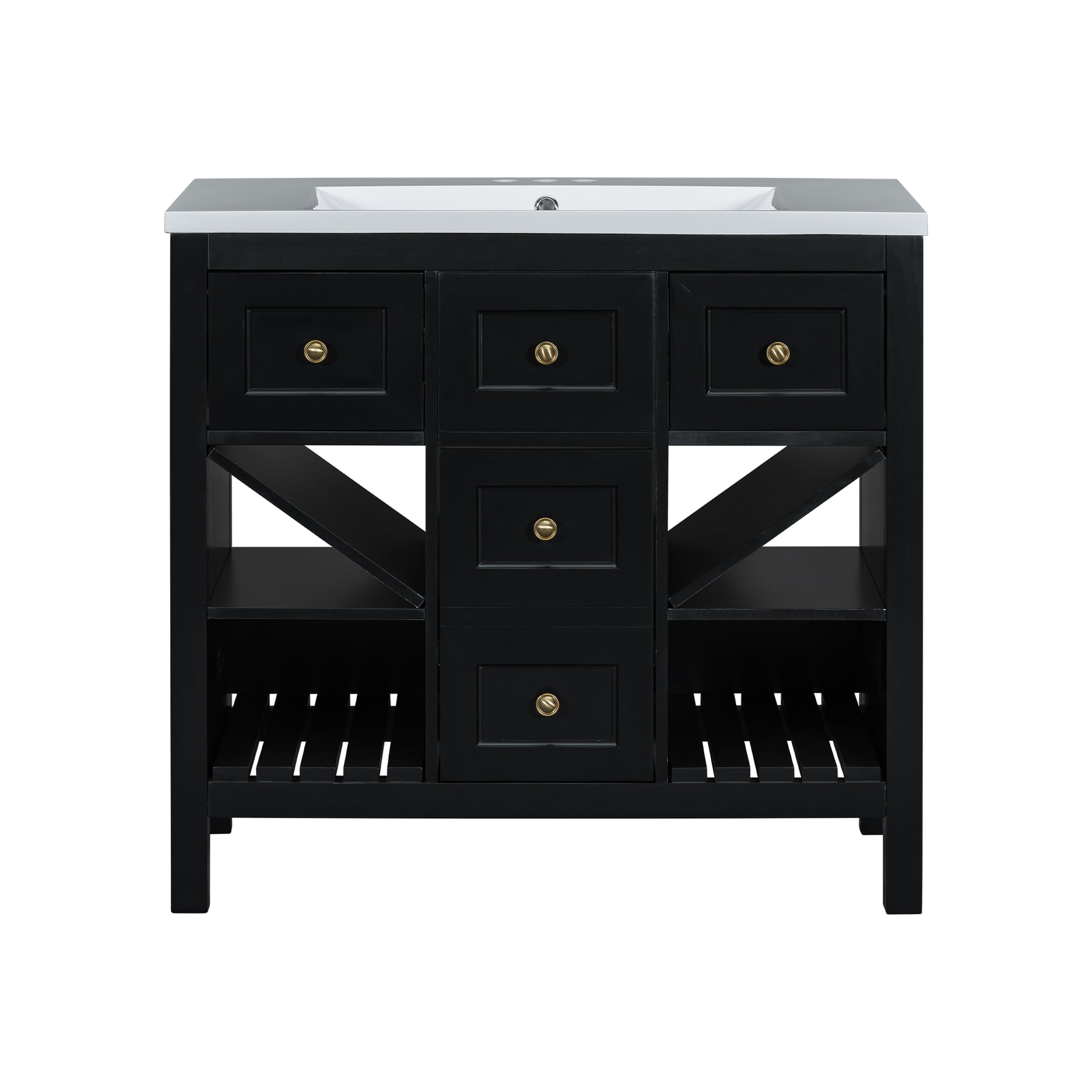 36'' Bathroom Vanity With Resin Sink Combo, Solid Wood Frame Bathroom Storage Cabinet, Freestanding Vanity Set With 5 Drawers& Soft Closing Doors Same As Sw000141Aab Black Bathroom Solid Wood Mdf Resin