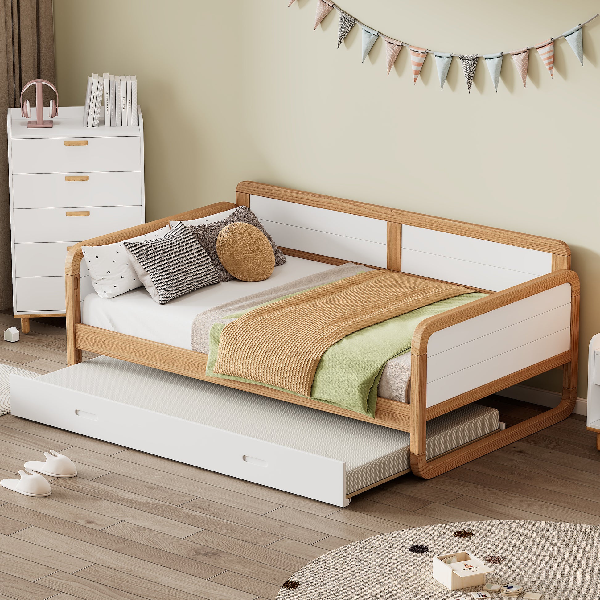 Twin Size Solid Wood Daybed With Trundle For Limited Space Kids, Teens, Adults, No Need Box Spring, Walnut And White Box Spring Not Required Twin White Walnut Wood Bedroom Modern Pine Daybeds Wood