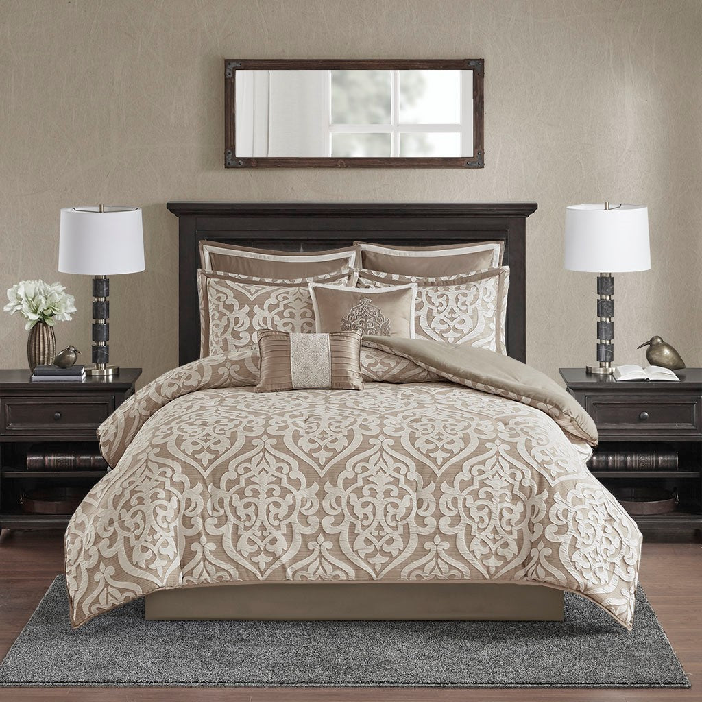 8 Piece Jacquard Comforter Set Tan Ivory Cal King California King Tan Ivory Polyester