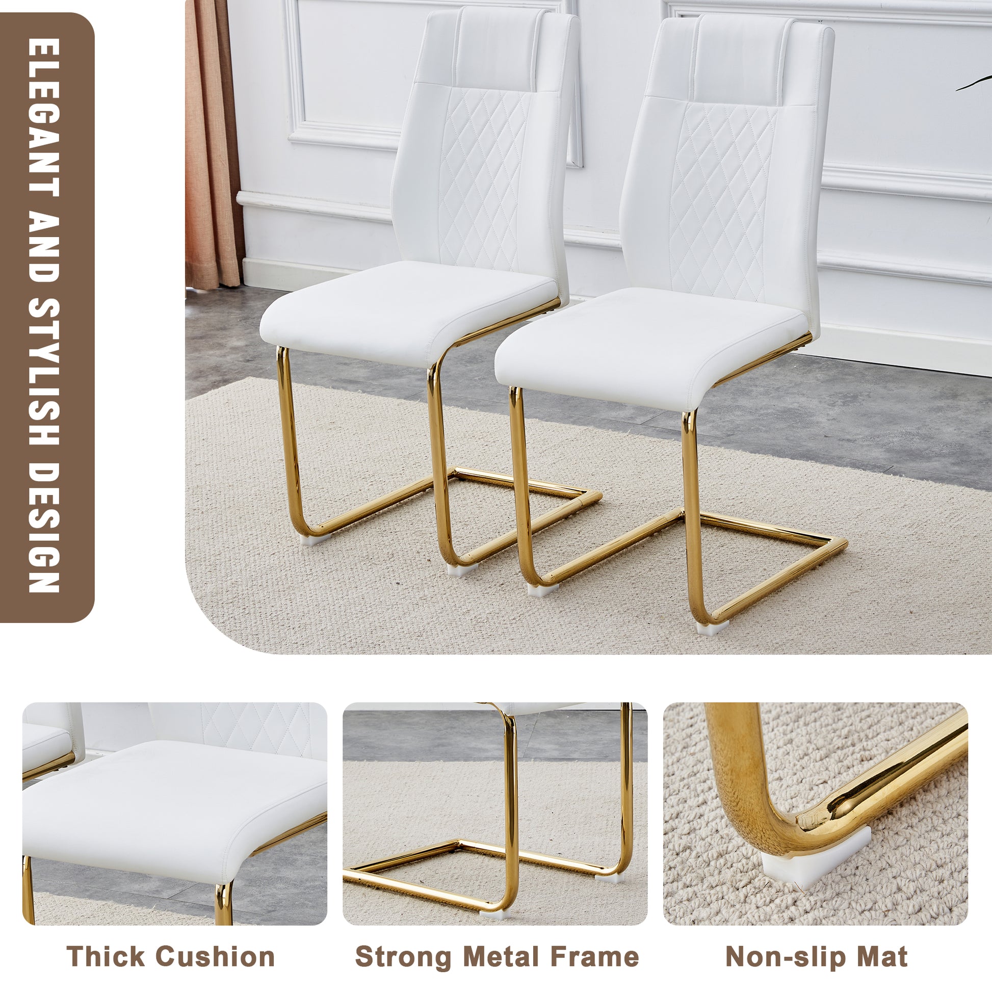 Table And Chair Set.The Table Has A Glass Tabletop With Imitation Marble Pattern Stickers And Stainless Steel Golden Table Legs. Paried With Comfortable Chairs With Pu Seats And Metal Legs. Gold Black Seats 8 Glass Metal
