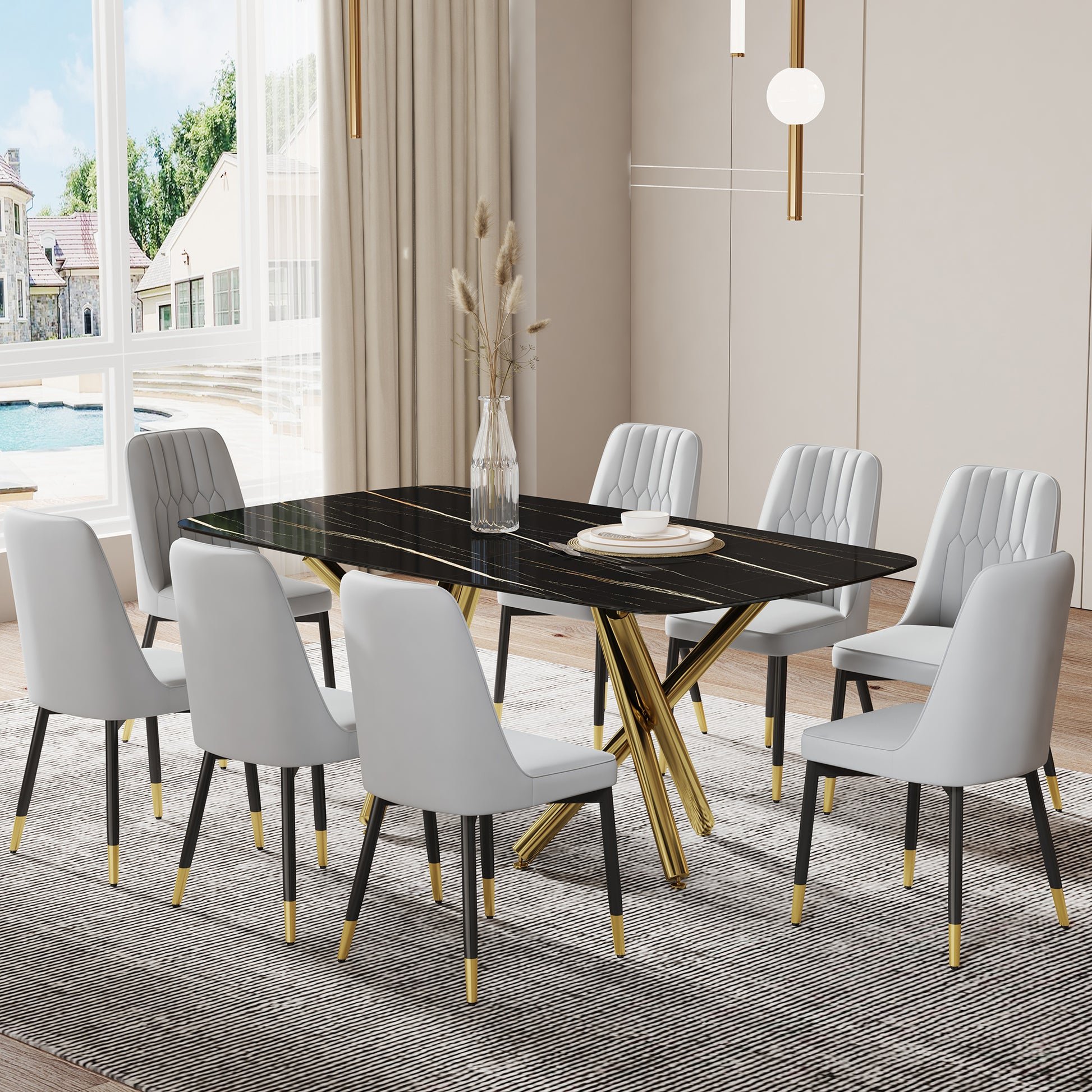 Large Modern Minimalist Rectangular Dining Table With 0.39 "Imitation Marble Black Desktop And Gold Metal Legs, Paired With 8 Chairs With Pu Cushions And Black Metal Legs.F 1538 C 007 Black Gold Glass Metal