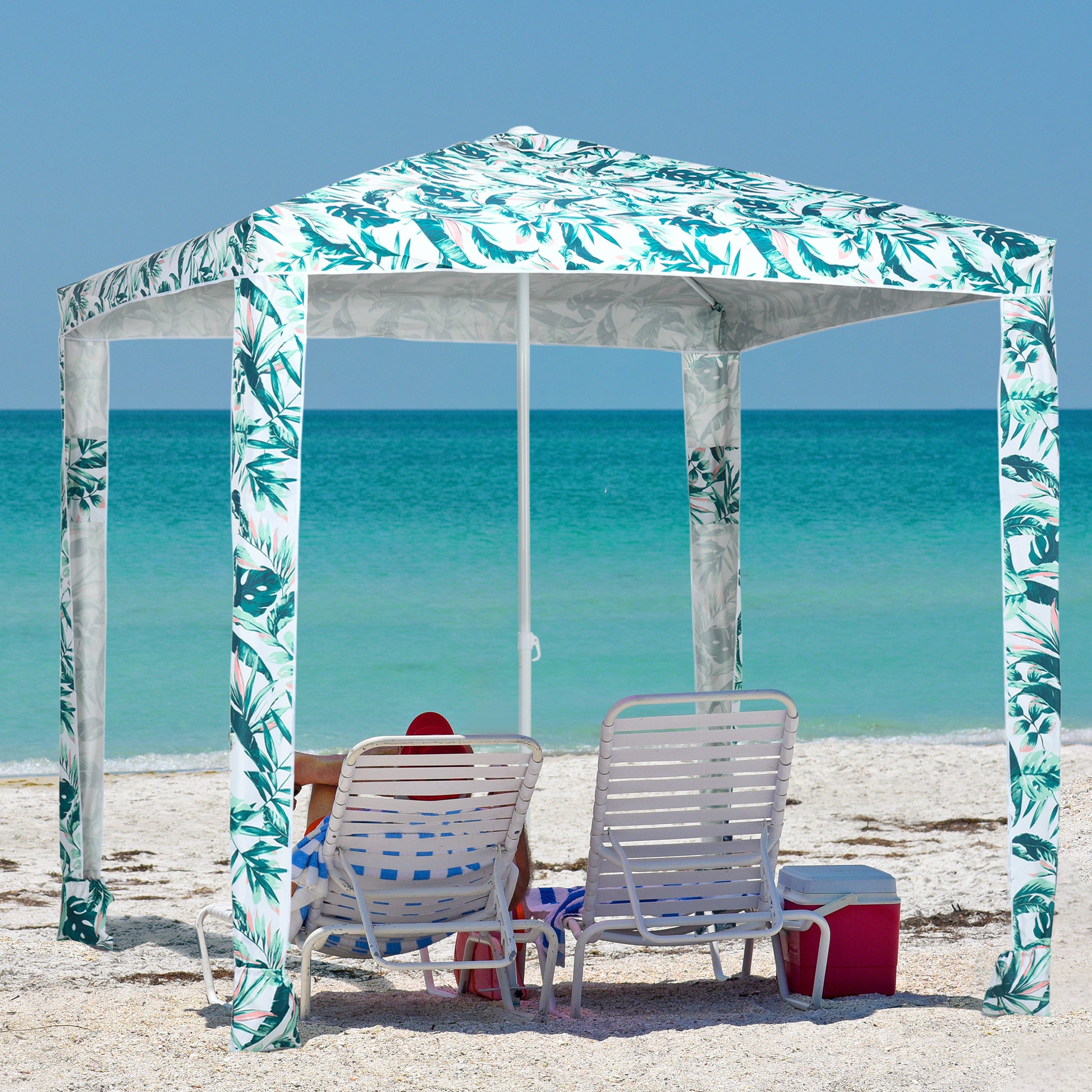 Outsunny Quick Beach Cabana Canopy Umbrella, 6.5' Easy Assembly Sun Shade Shelter With Sandbags And Carry Bag, Cool Uv50 Fits Kids & Family, Green Coconut Palm Colorful Polyester