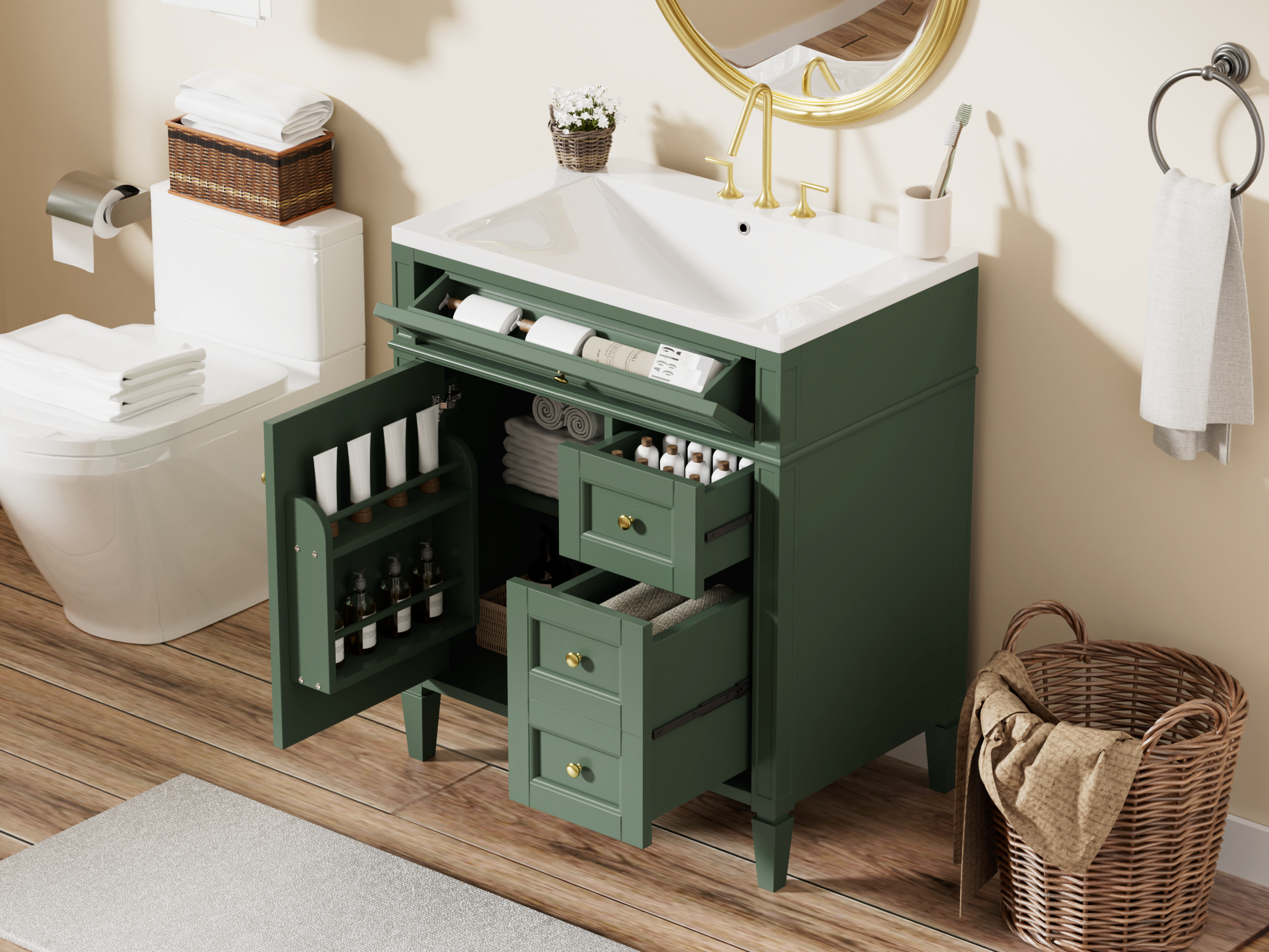 30'' Bathroom Vanity With Top Sink, Modern Bathroom Storage Cabinet With 2 Drawers And A Tip Out Drawer, Single Sink Bathroom Vanity 3 Green 1 2 Bathroom Freestanding Solid Wood Mdf Resin Painted