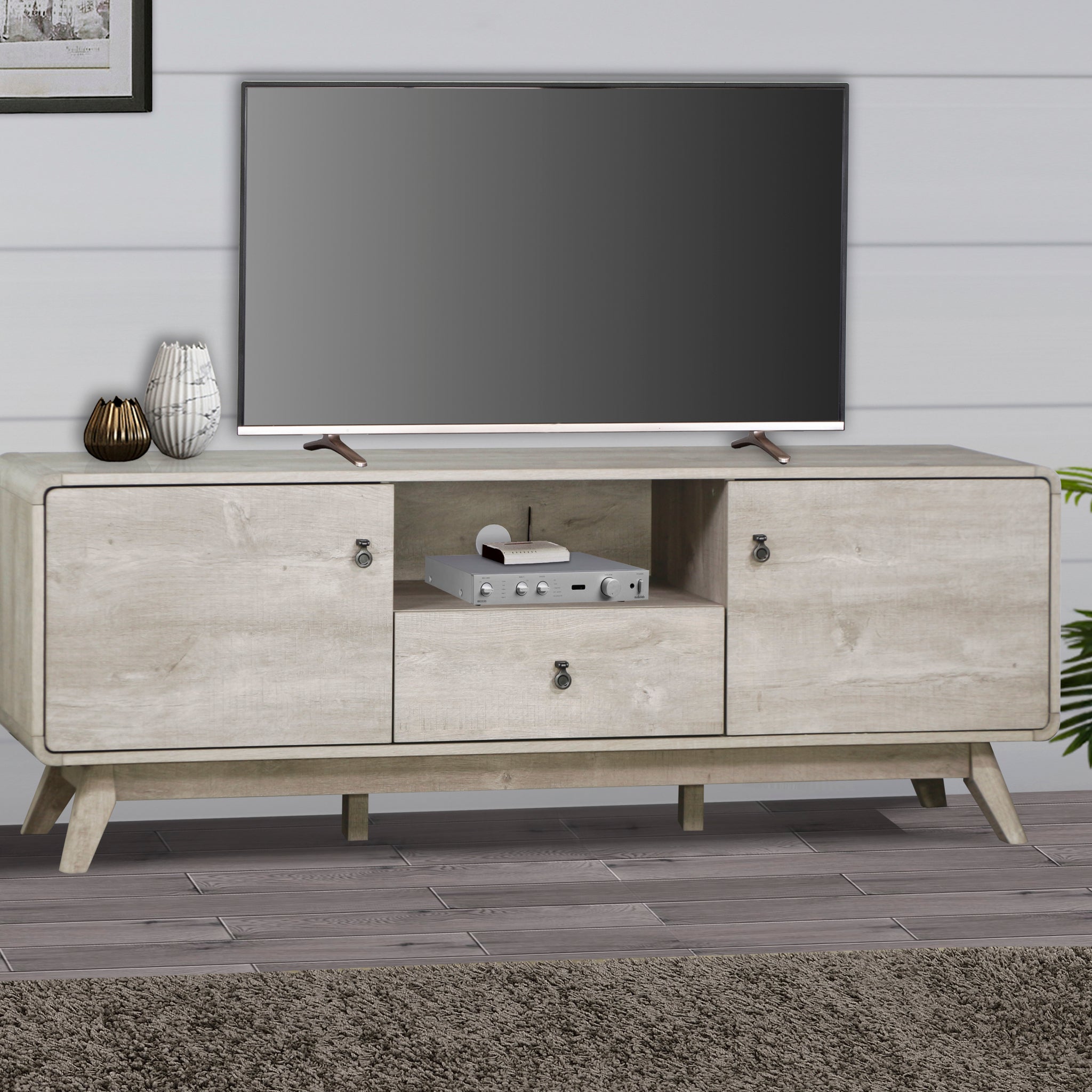 Tv Stand Elegant Washed Gray Media Console Modern Tv Stand With Large Storage, Entertainment Center With Bookshelves, Fits 65 85 Inch Tvs Gray Wash 80 89 Inches Solid Wood