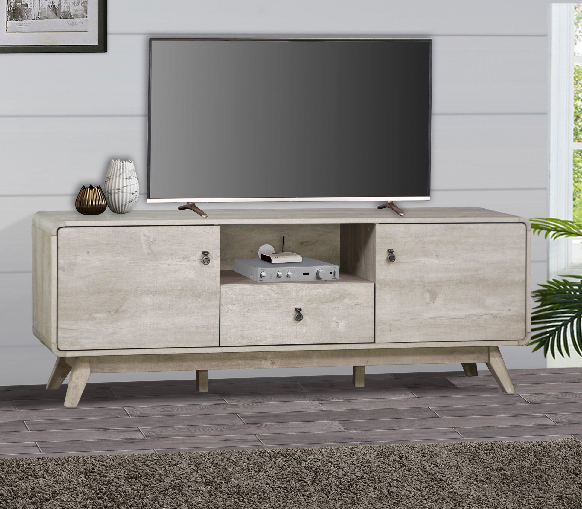 Tv Stand Elegant Washed Gray Media Console Modern Tv Stand With Large Storage, Entertainment Center With Bookshelves, Fits 65 85 Inch Tvs Gray Wash 80 89 Inches Solid Wood