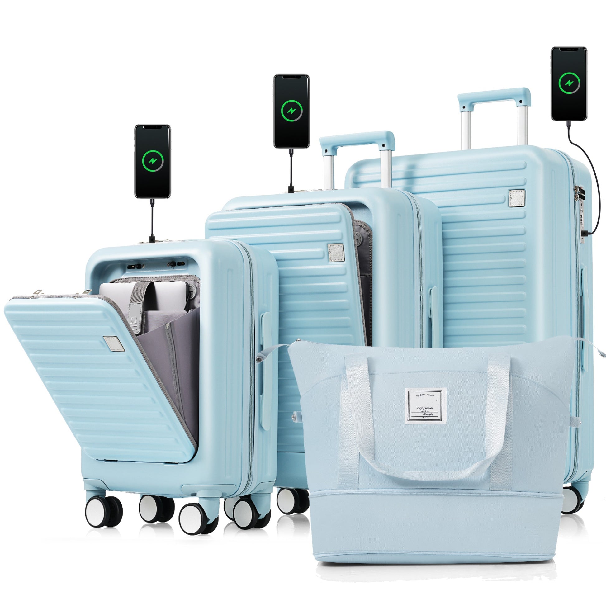 Luggage Set Of 4, 20, 24, 28Inch With Usb Port, 20, 24Inch With Front Opening Design Airline Certified Carry On Luggage With Cup Holder, Abs Hard Shell Luggage With Expandable Travel Bag, Light Blue Blue Abs