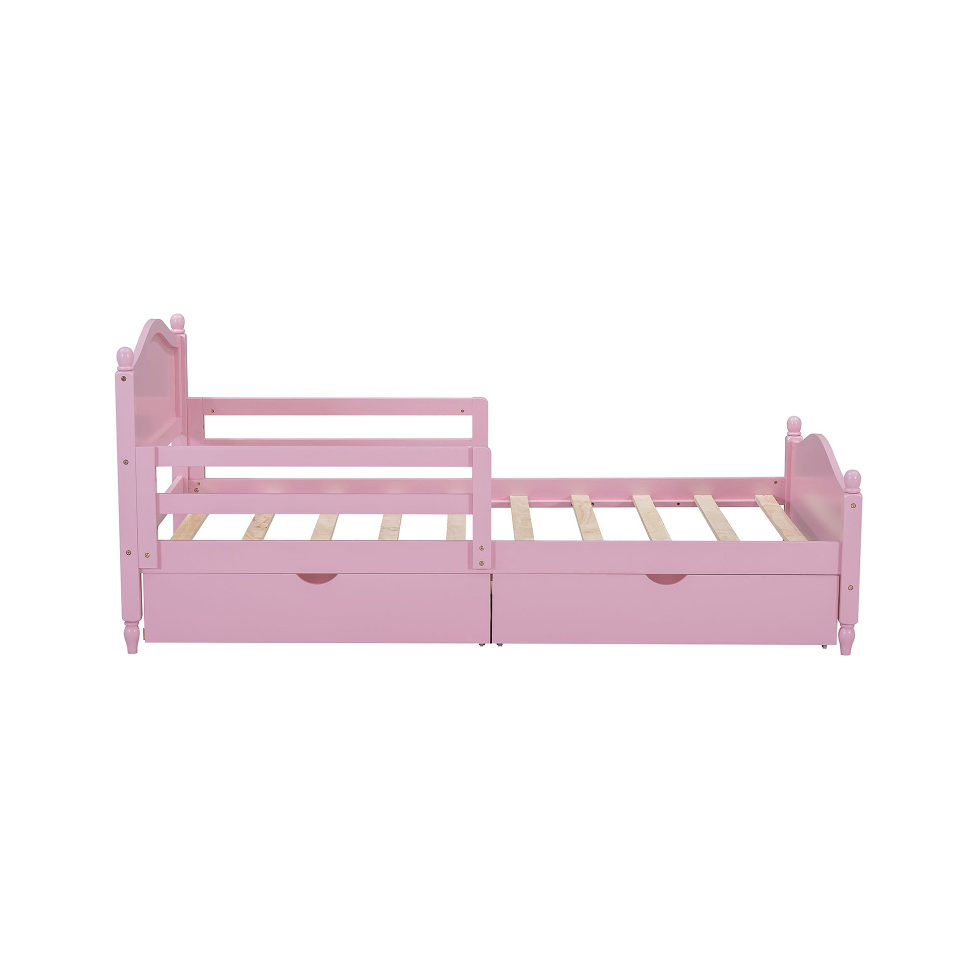 Twin Size Wood Platform Bed With Guardrails On Both Sides And Two Storage Drawers ,Pink Twin Pink Wood