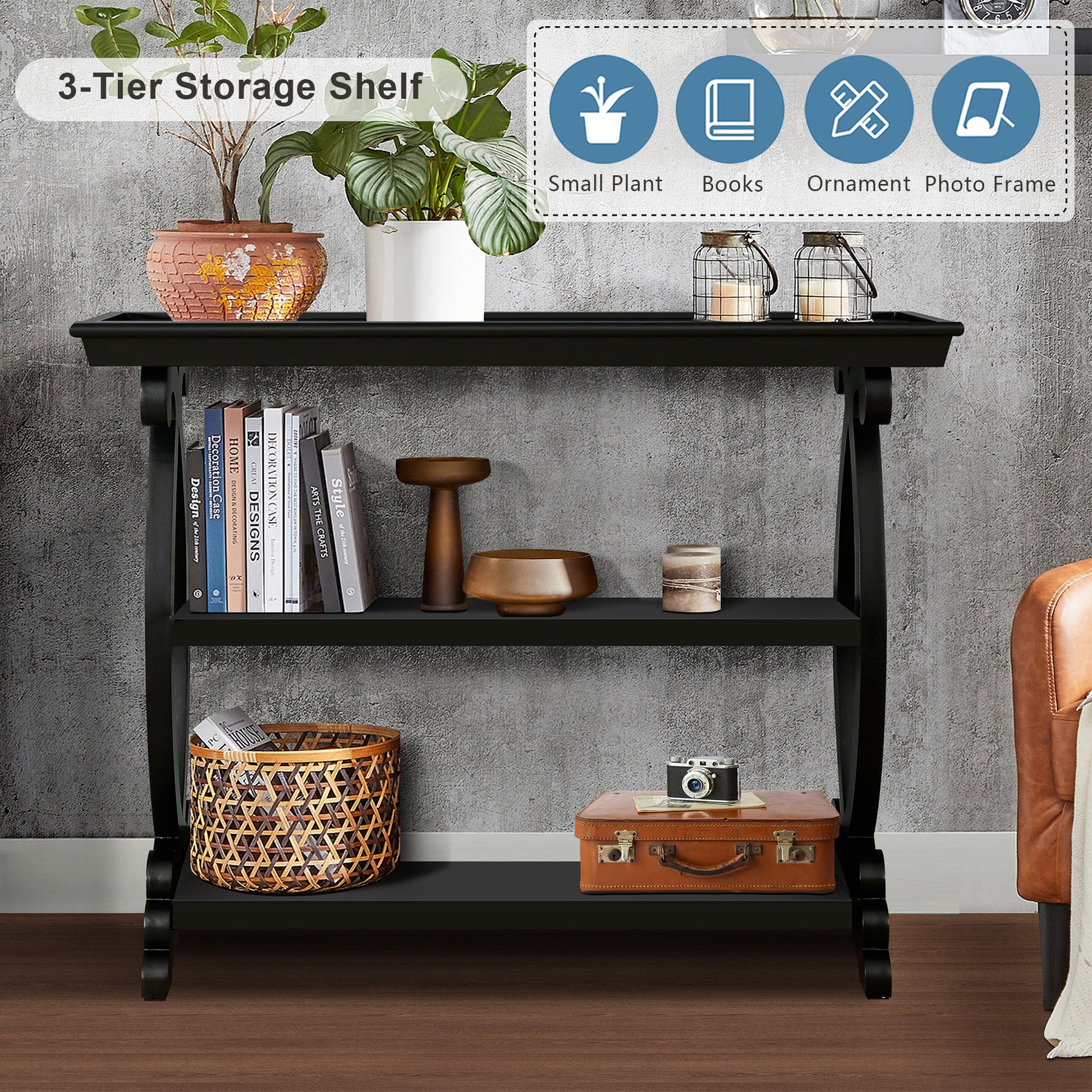 Newport Console Table For Living Room,Kitchen,Entyway Black Antique Black Desk Top Primary Living Space Floor Mount Open Storage Console Tables Lacquered Solid Wood Mdf Mdf