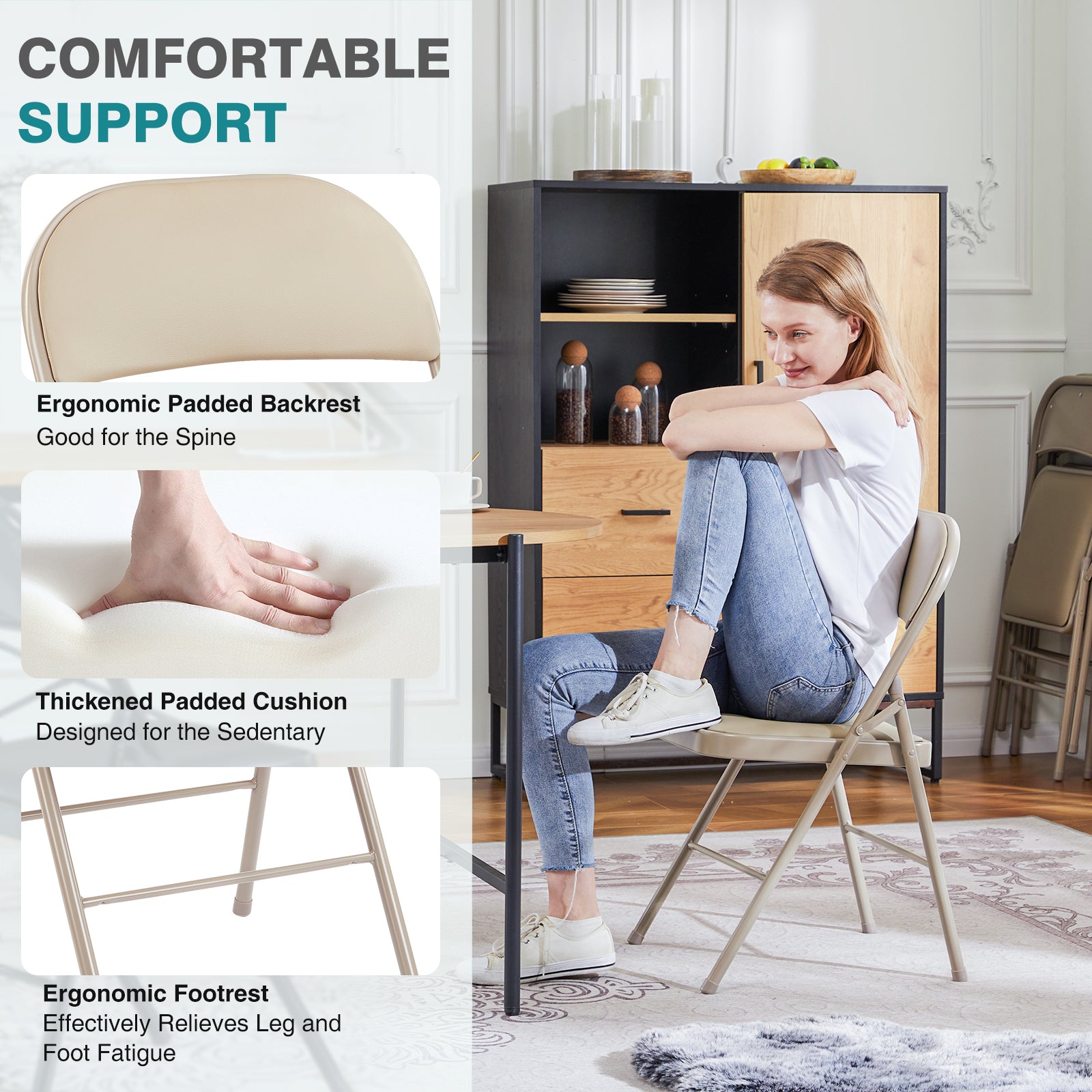 Folding Chair 2 Pack, Leather Padded Folding Chairs, Sturdy Metal Foldable Chairs, For Home, Office, Party, Khaki 4 Pack Khaki Stainless Steel