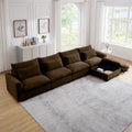 Large L Shape Sectional Corduroy Sofa,Deep Seat Couch With Storage Footstool And 4 Waist Pillows, Brown Brown Corduroy 4 Seat