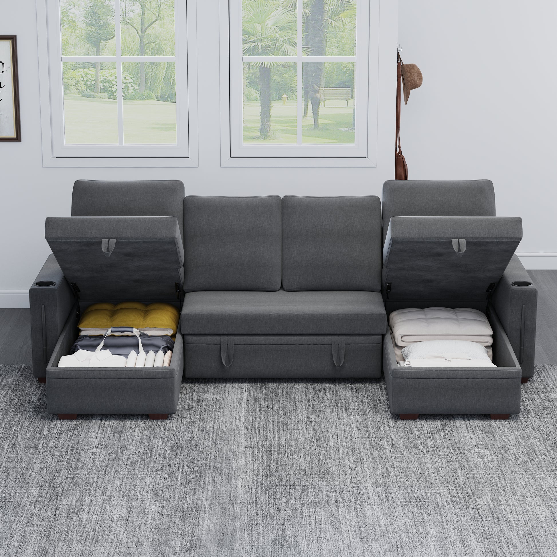 Sectional Sofa With Storage, 96" U Shaped Sectional Couches For Living Room, Comfy Convertible Sectional Sofa Dark Grey Dark Grey Linen Primary Living Space Cushion Back Soft Modern Eucalyptus Square Arms Foam Linen 4 Seat