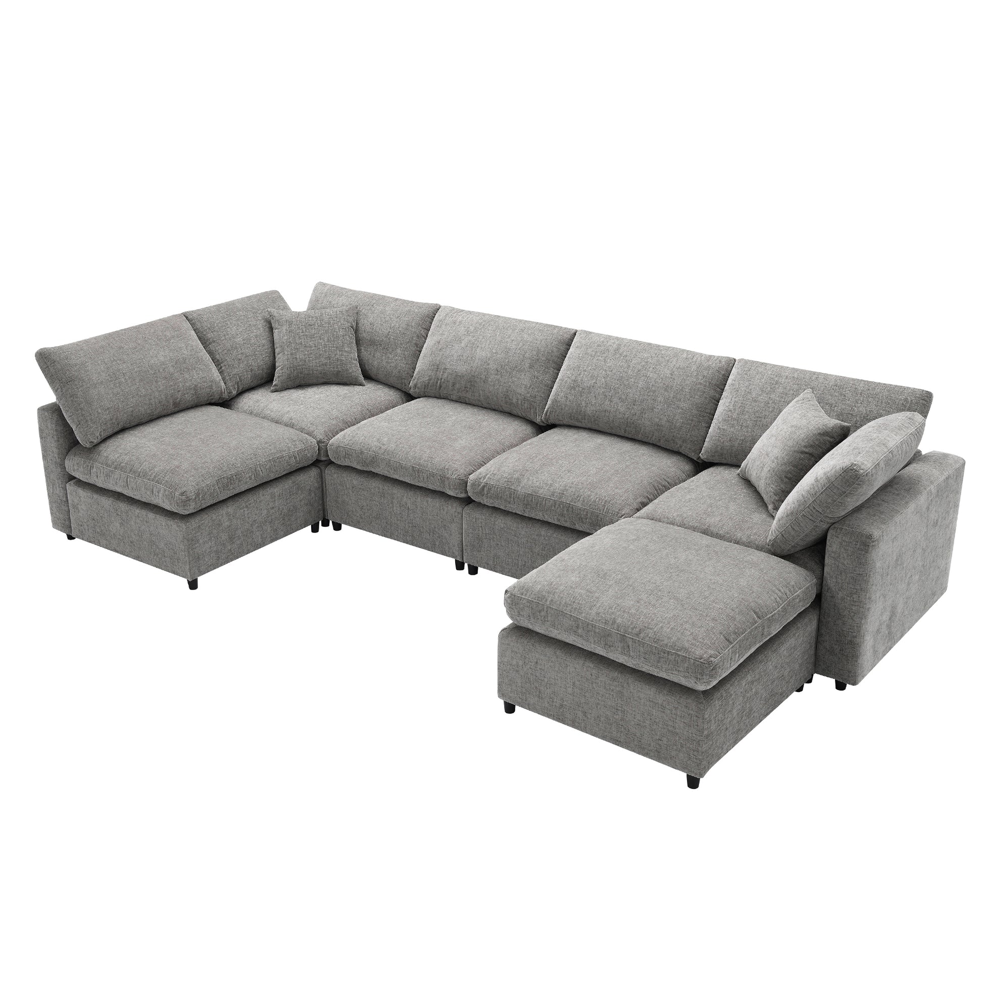 130*65" Modern Modular Cloud Sofa Bed, 6 Seat Chenille Sectional Couch Set With Ottoman,Free Combination,Convertible U Shaped Sleeper Sofa For Living Room, Apartment, 3 Colors Gray Chenille 6 Seat