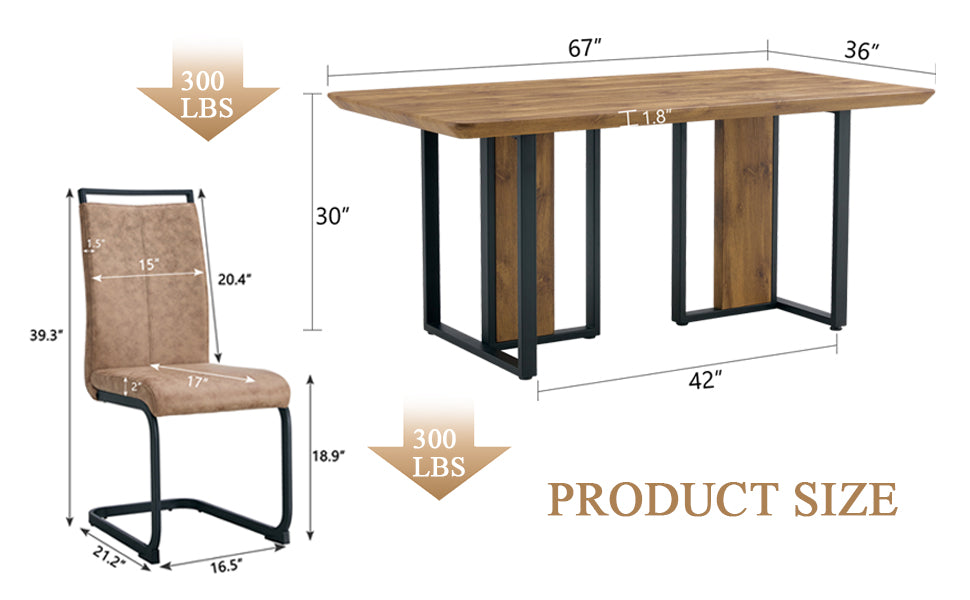 Table And Chair Set.67"X36" Wood Textured Mdf Dining Table Set With 6 Brown Fabric Chairs.Mdf Sticker,Wood Colored Texture Sticker,Black C Tube Dining Chair Legs,Suitable For Kitchen,Dining