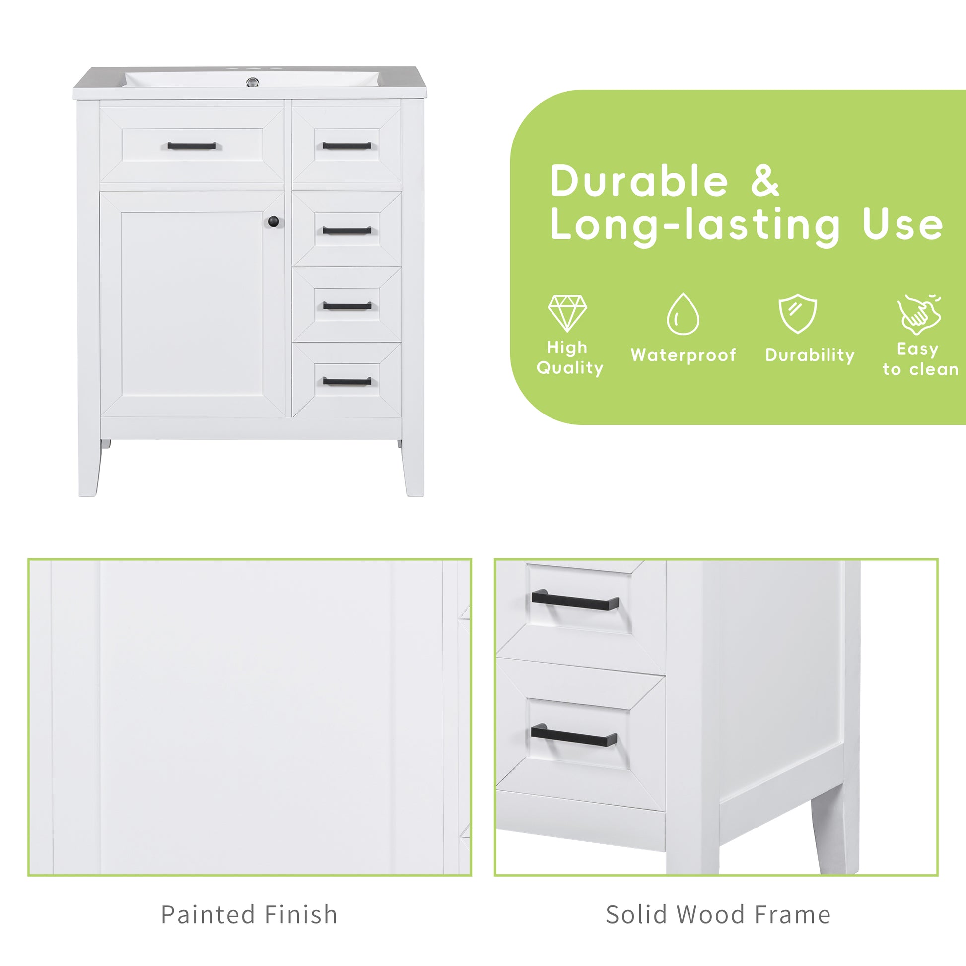 30" Bathroom Vanity With Sink Combo, White Bathroom Cabinet With Drawers, Solid Frame And Mdf Board Old Sku:N725S999222K White Solid Wood Mdf