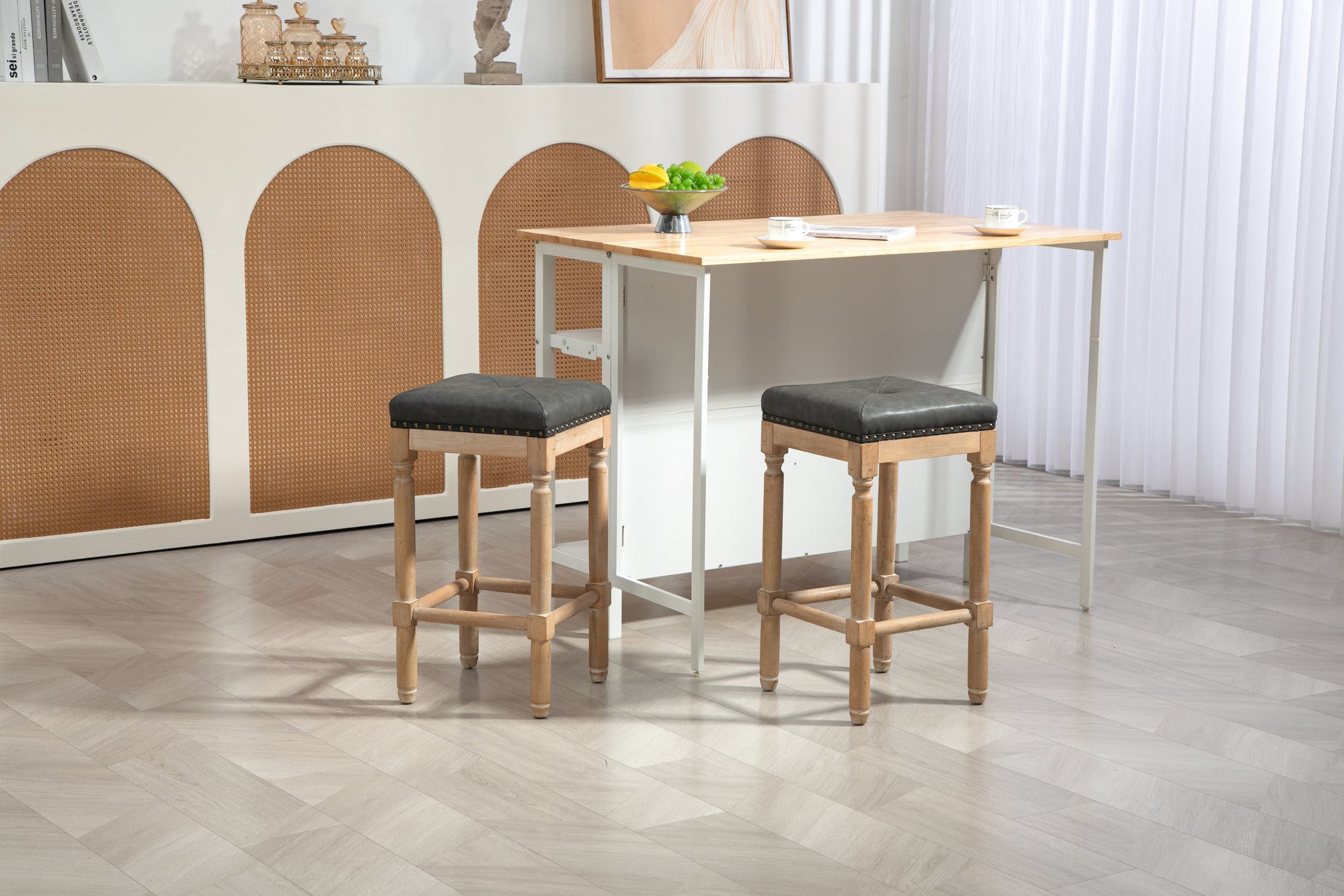 Tufted 26Inch Stools Wooden Counter Stools Set Of 2 Dark Gray Rubber Wood