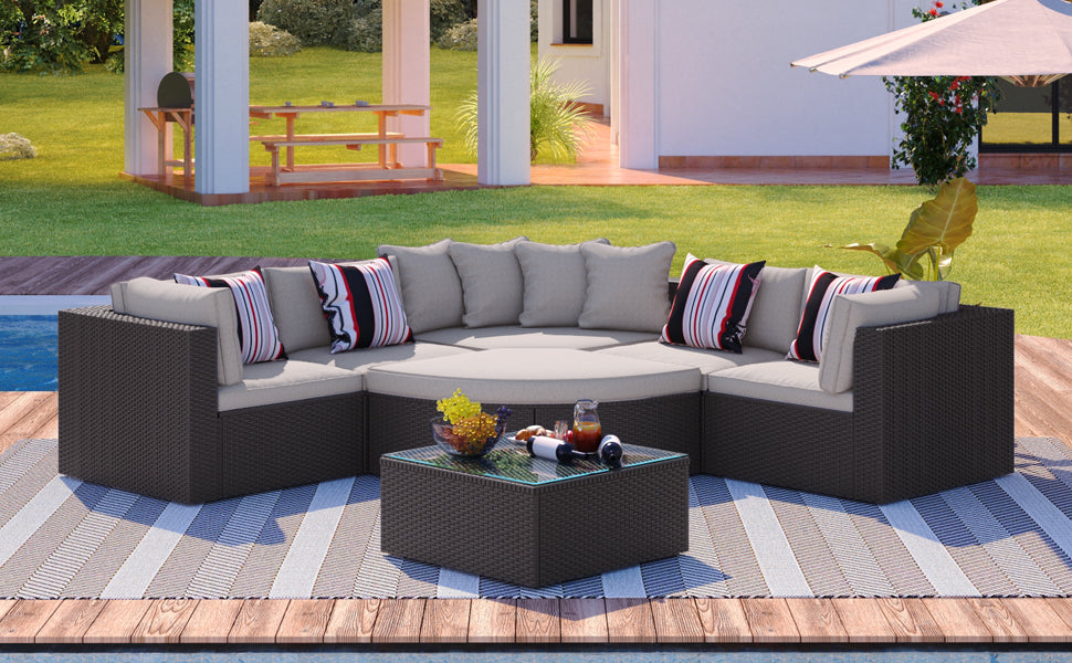 7 Piece Outdoor Wicker Sofa Set, Rattan Sofa Lounger, With Colorful Pillows, Conversation Sofa, For Patio, Garden, Deck, Brown Wicker Yes Brown Seats 6 Garden & Outdoor Complete Patio Sets Foam