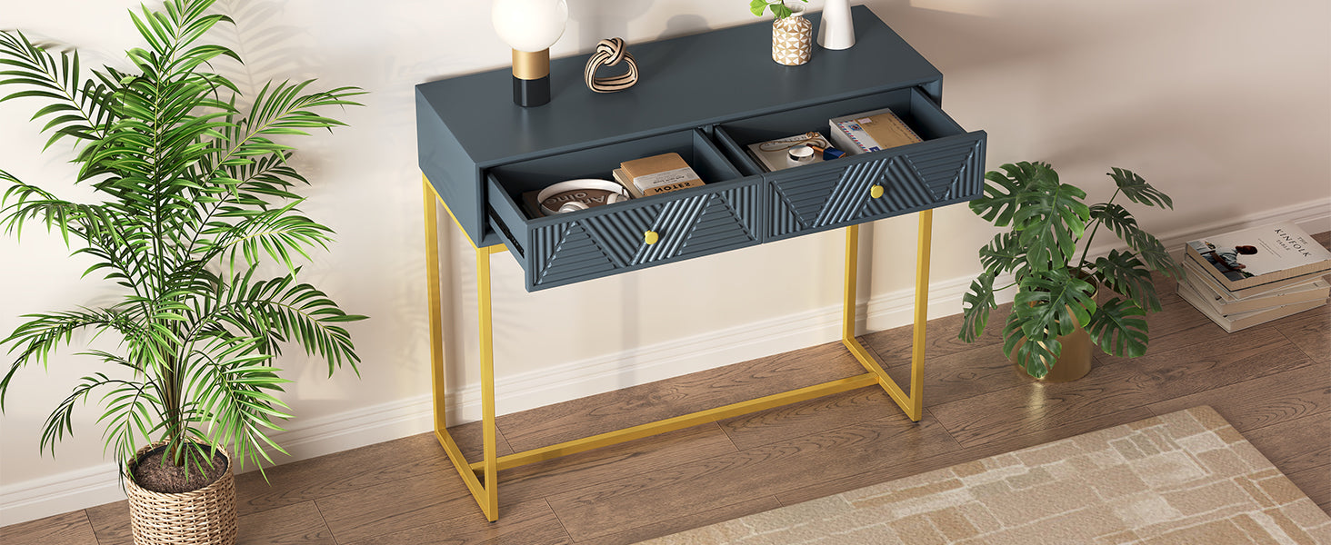 Modern Sleek Console Table Two Drawers With Stripe Design For Living Room And Entryway Grey Grey Mdf