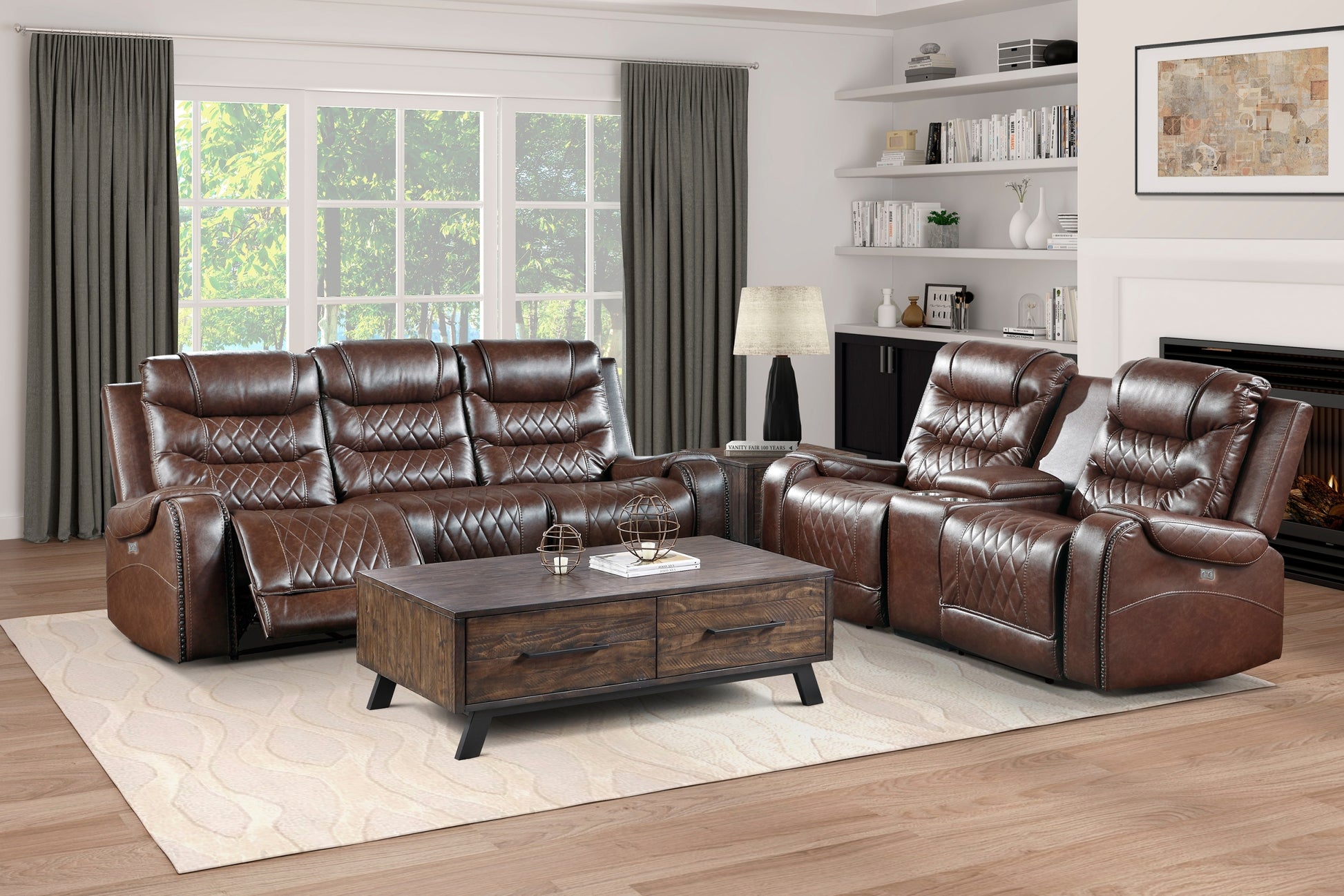 Luxurious Living Room Furniture Brown Diamond Pattern Stitching 1Pc Power Double Reclining Sofa With Center Drop Down Cup Holders, Usb Ports,Faux Leather Upholstery Brown Faux Leather Wood Primary Living Space Luxury,Modern Solid Wood 3 Seat
