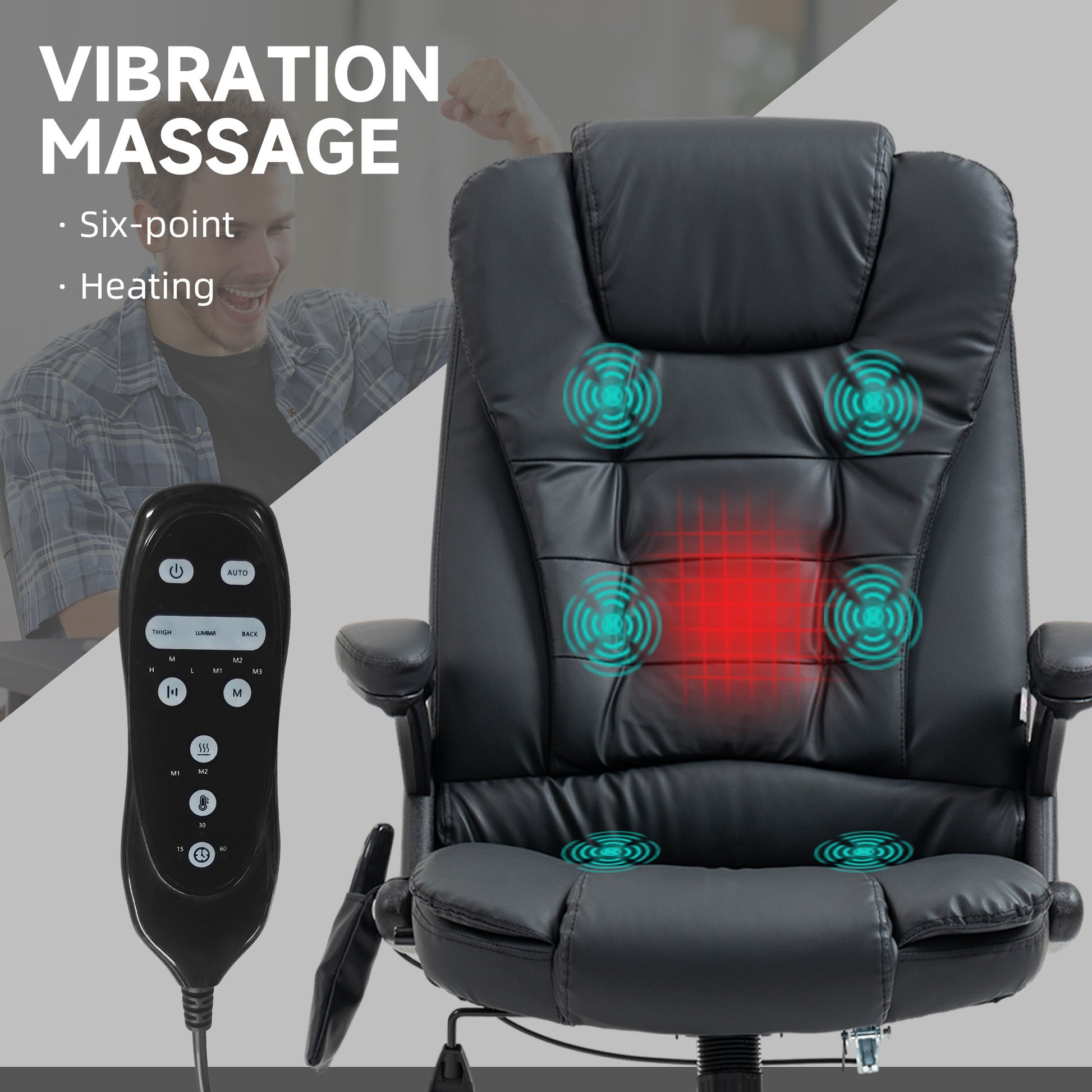 Homcom High Back Vibration Massage Chair, Heating Office Chair, Black Black Pu Leather