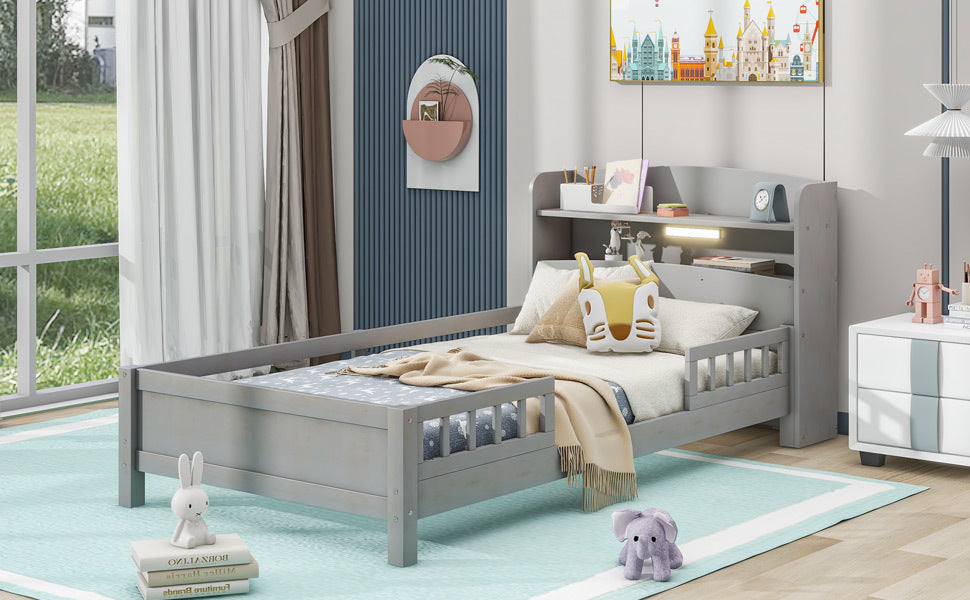 Wood Twin Size Platform Bed With Built In Led Light, Storage Headboard And Guardrail, Antique Grey Box Spring Not Required Twin Antique Gray Wood Bedroom Bed Frame Solid Wood Mdf