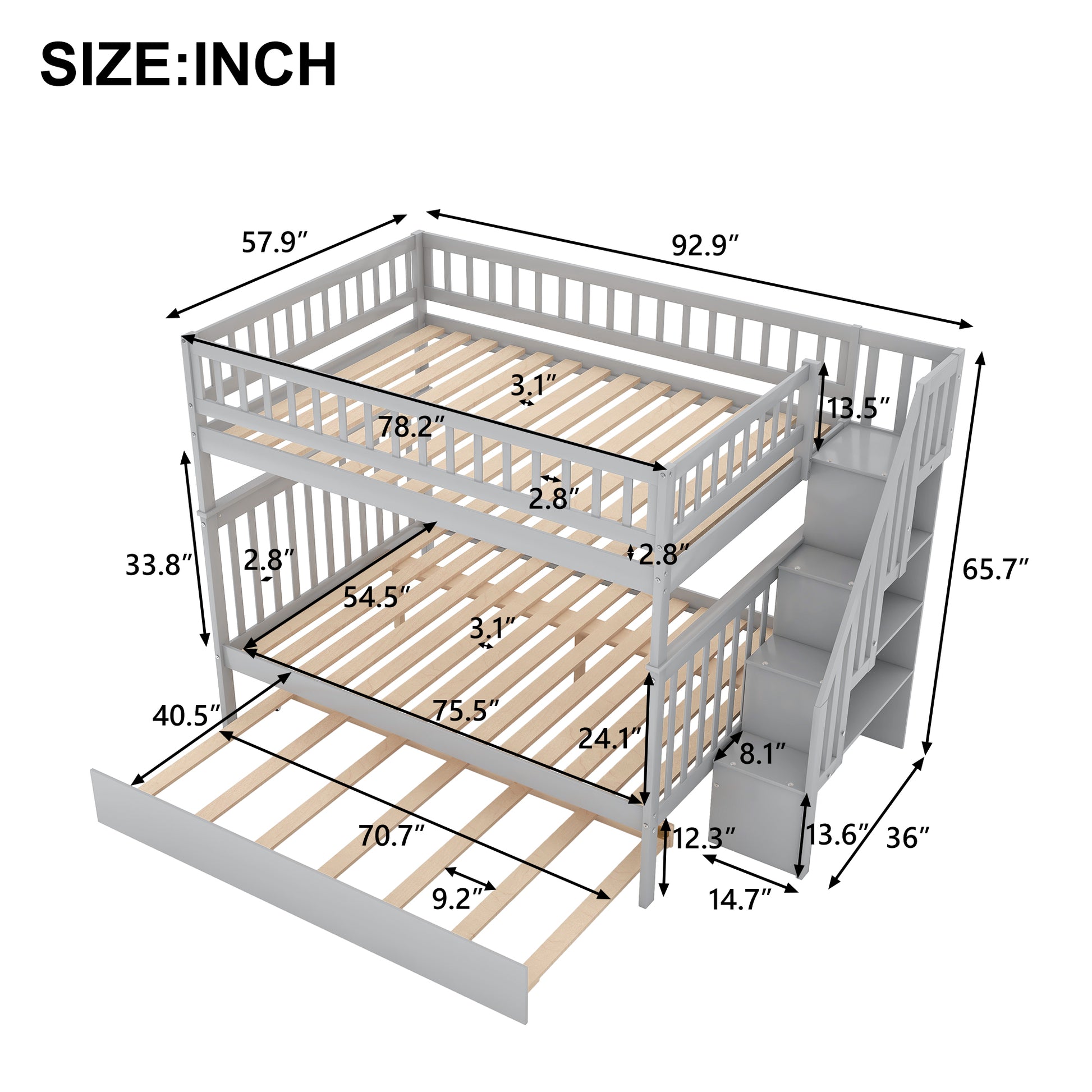 Full Over Full Bunk Bed With Trundle And Staircase,Gray Full Gray Pine