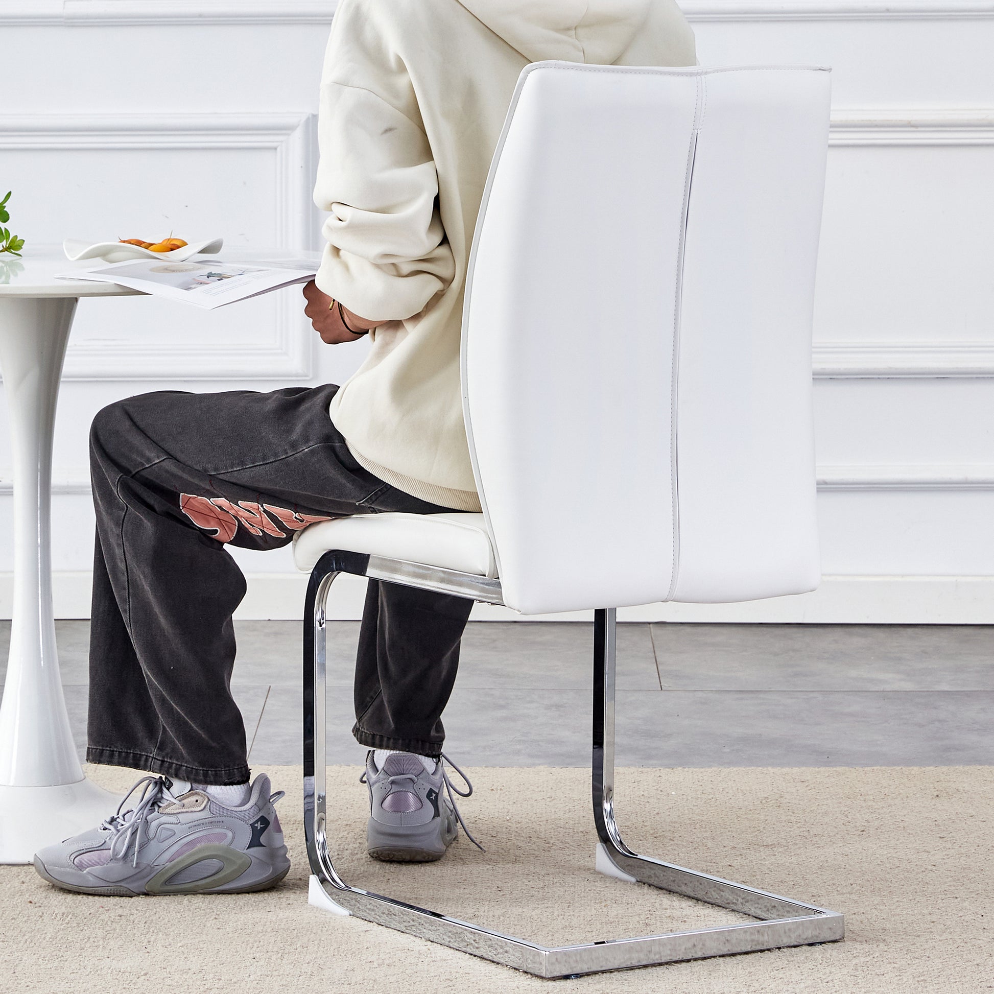 Luxury Simple Arch Chair Set Of 4 White Pu Material High Resilience Dining Chair With Arched Metal Silver Leg. White Silver Metal,Pu