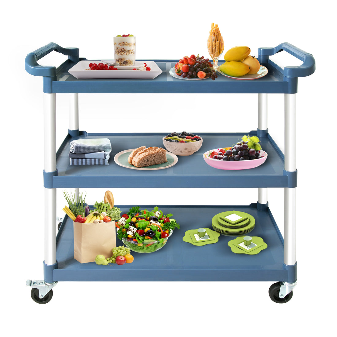 3 Tier Plastic Service Utility Cart With Wheels, Food Service Rolling Cart Heavy Duty 350Lbs Capacity,Commercial Rolling For Restaurant, Household, Office, Warehouse, 40.9''L X 19.6''W X 41.3''H Blue Polyethylene,Pvc