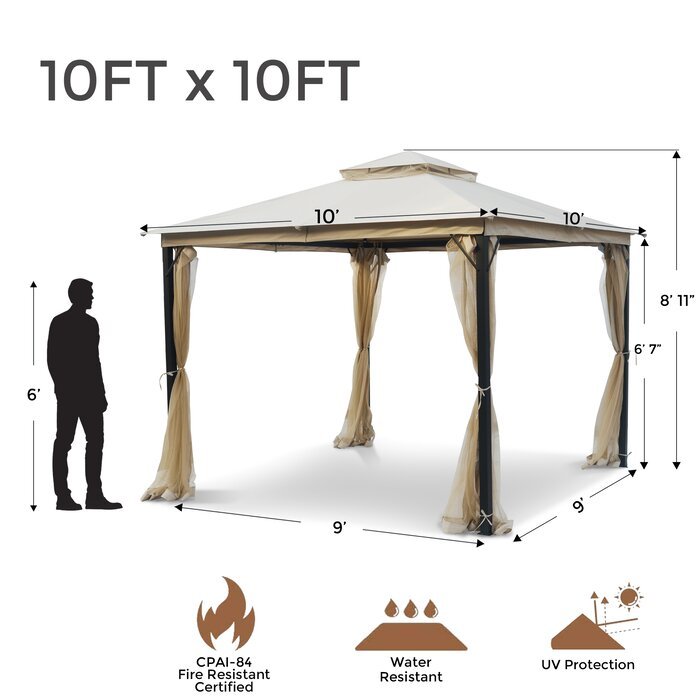 10X10Ft Softtop Metal Gazebo With Mosquito Net&Sunshade Curtains,Sturdy Heavy Duty Double Roof Canopy,Galvanized Steel Design Outdoor Tent,Suitable For Gardens,Patio,Backyard Beige Light Natural Square No Foundation Needed None Garden & Outdoor Art Deco