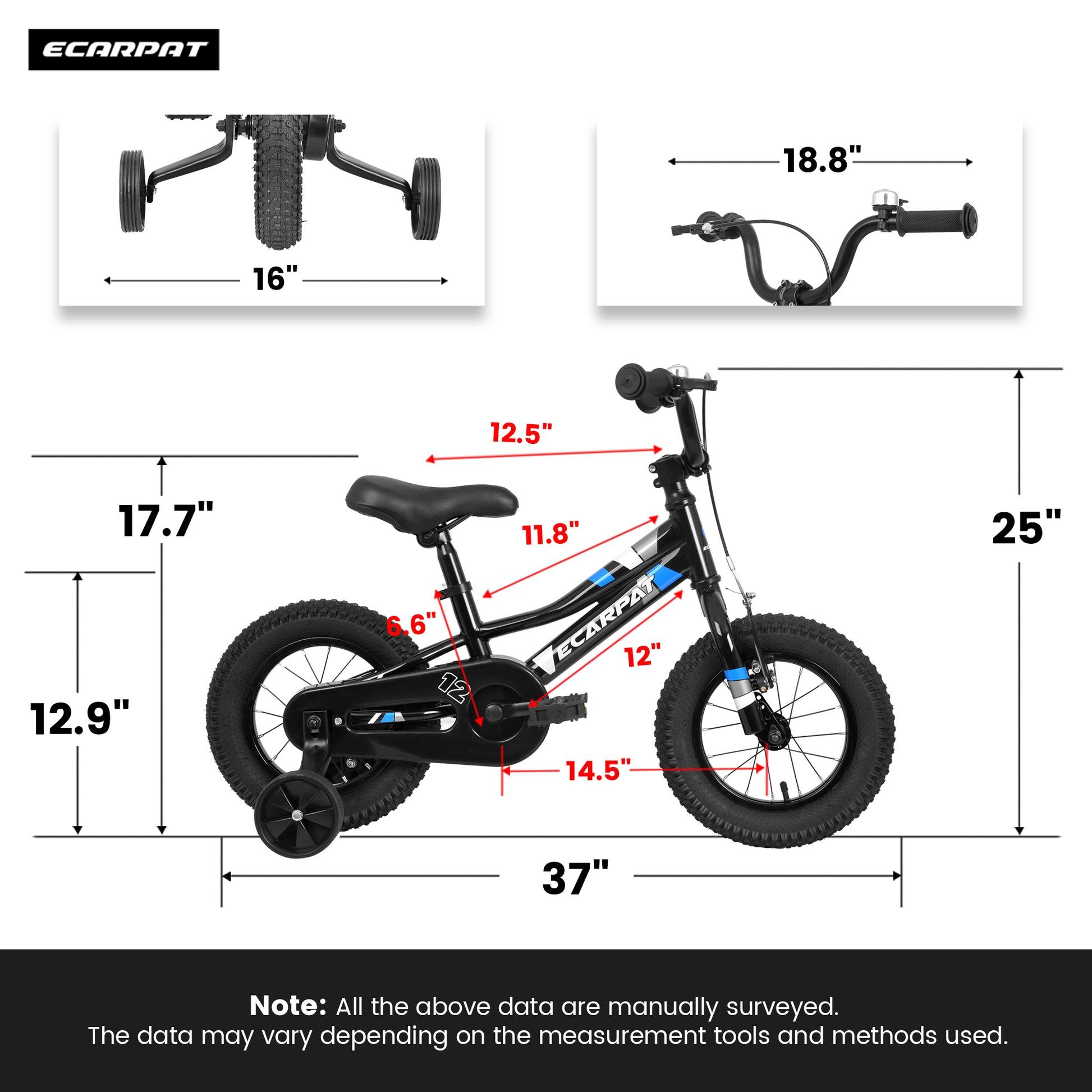 A12117 Ecarpat Kids' Bike 12 Inch Wheels, 1 Speed Boys Girls Child Bicycles For 2 3 Years, With Removable Training Wheels Baby Toys, Front V Brake, Rear Holding Brake Black 50 99 Lbs Cute Polyurethane Foam 3 To 4 Years Steel Outdoor